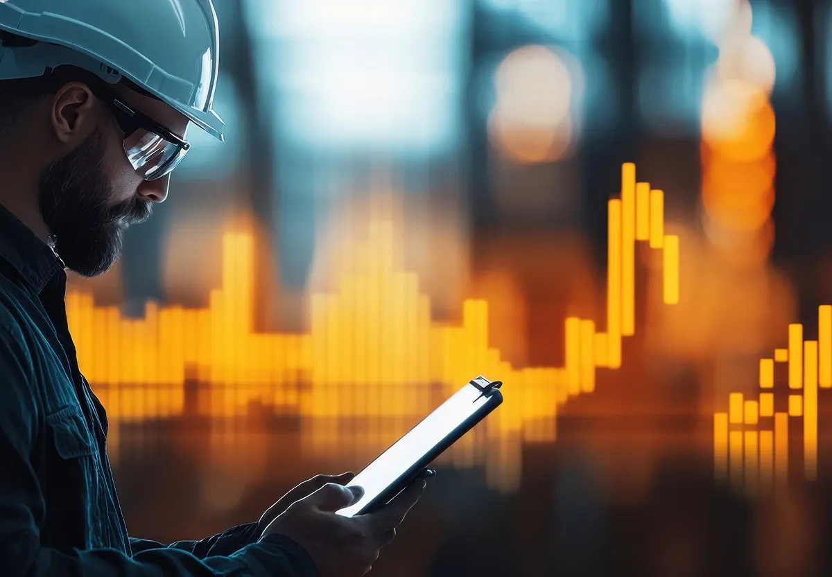 Das Bild zeigt einen Mann mit einem Helm, der auf ein Tablet schaut. Im Hintergrund sieht man eine Kurve mit Anstieg und Abfall, die auf eine Unternehmensentwicklung schliessen lässt. 