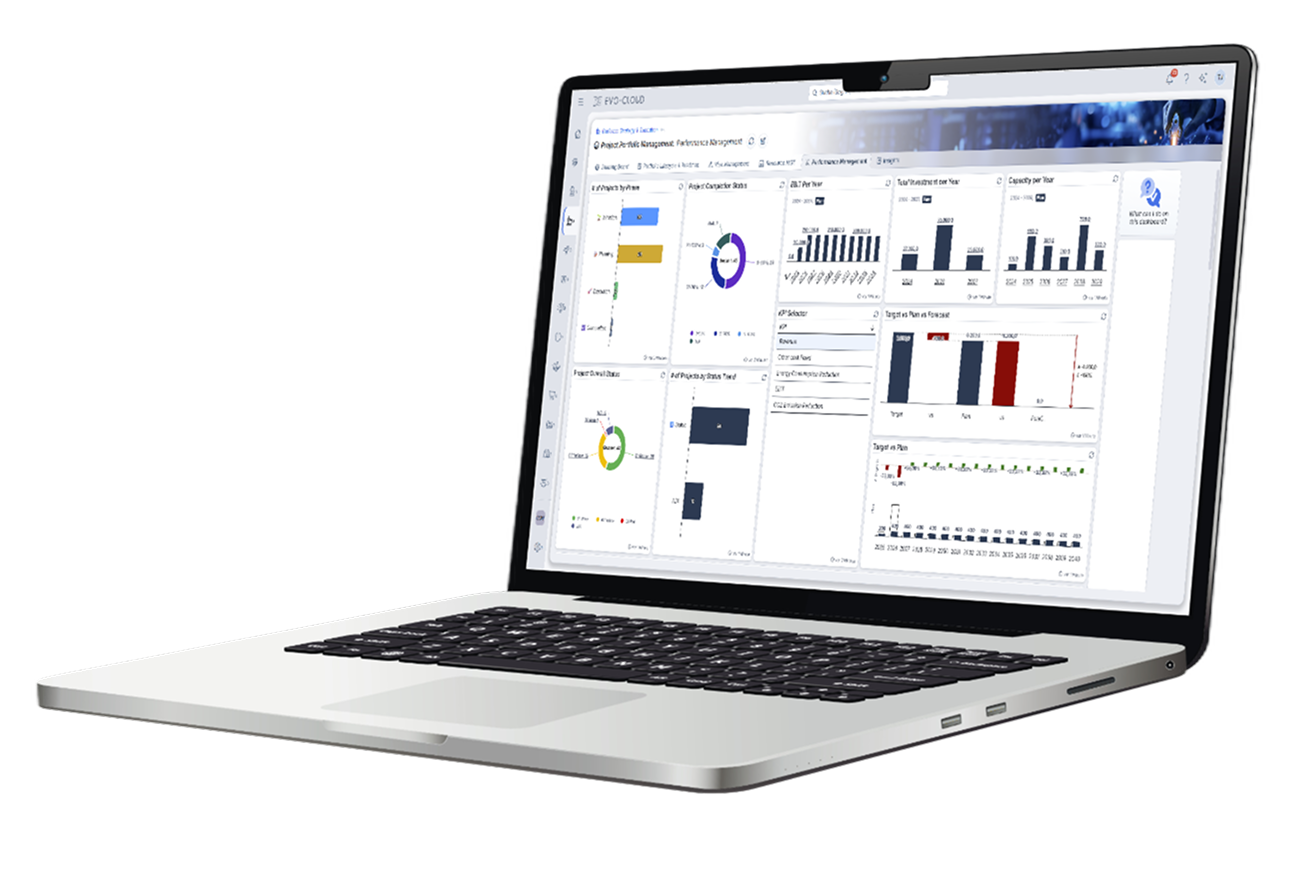 Weißer Laptop mit geöffneter Softwareanzeige, die die Geschäftsstrategien und Leistungsmanagementlösungen der EVO-Cloud mit Bildern eines Cockpits und Themensegmenten zeigt.