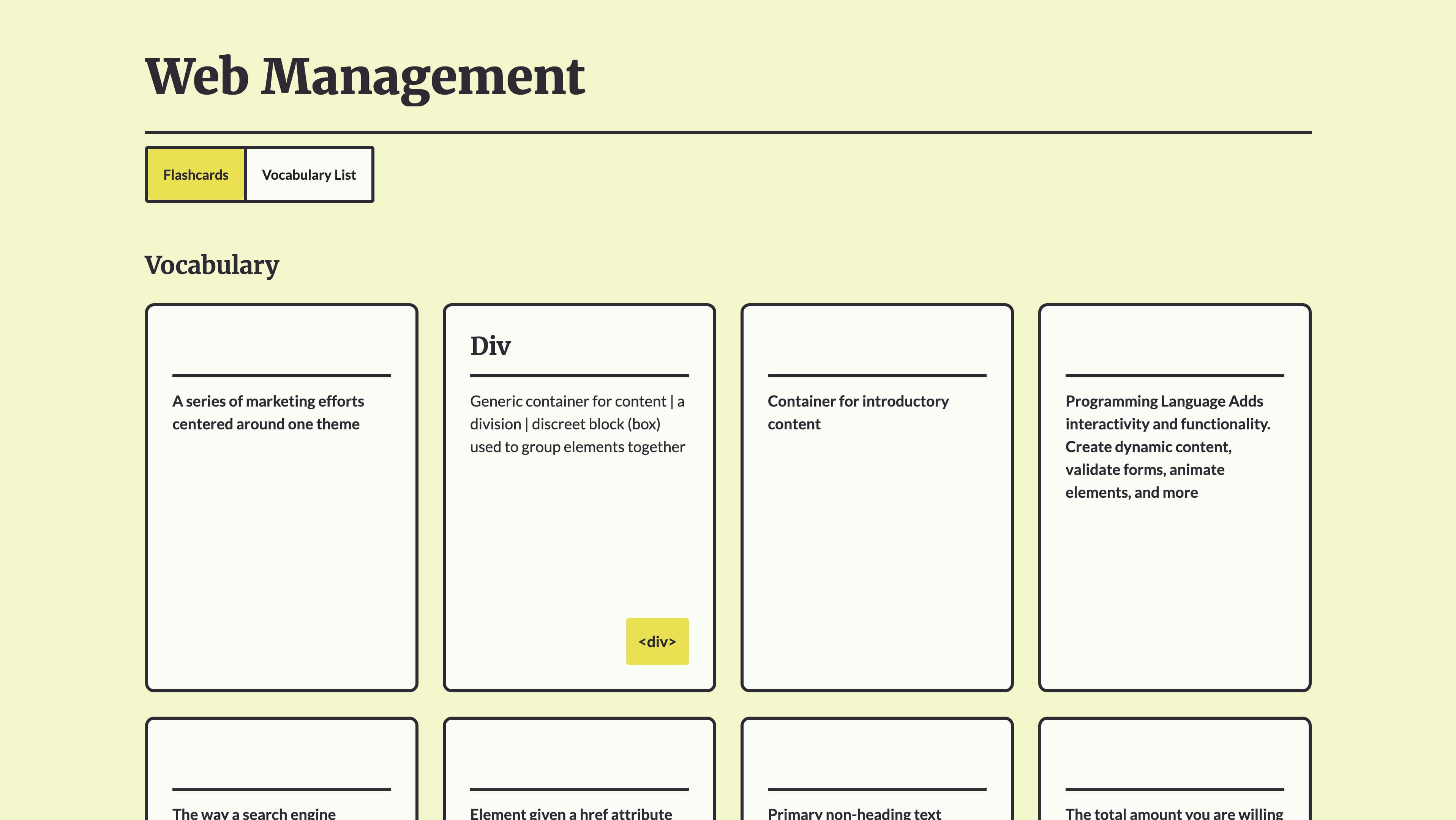 Web Management vocabulary flashcards webpage screenshot