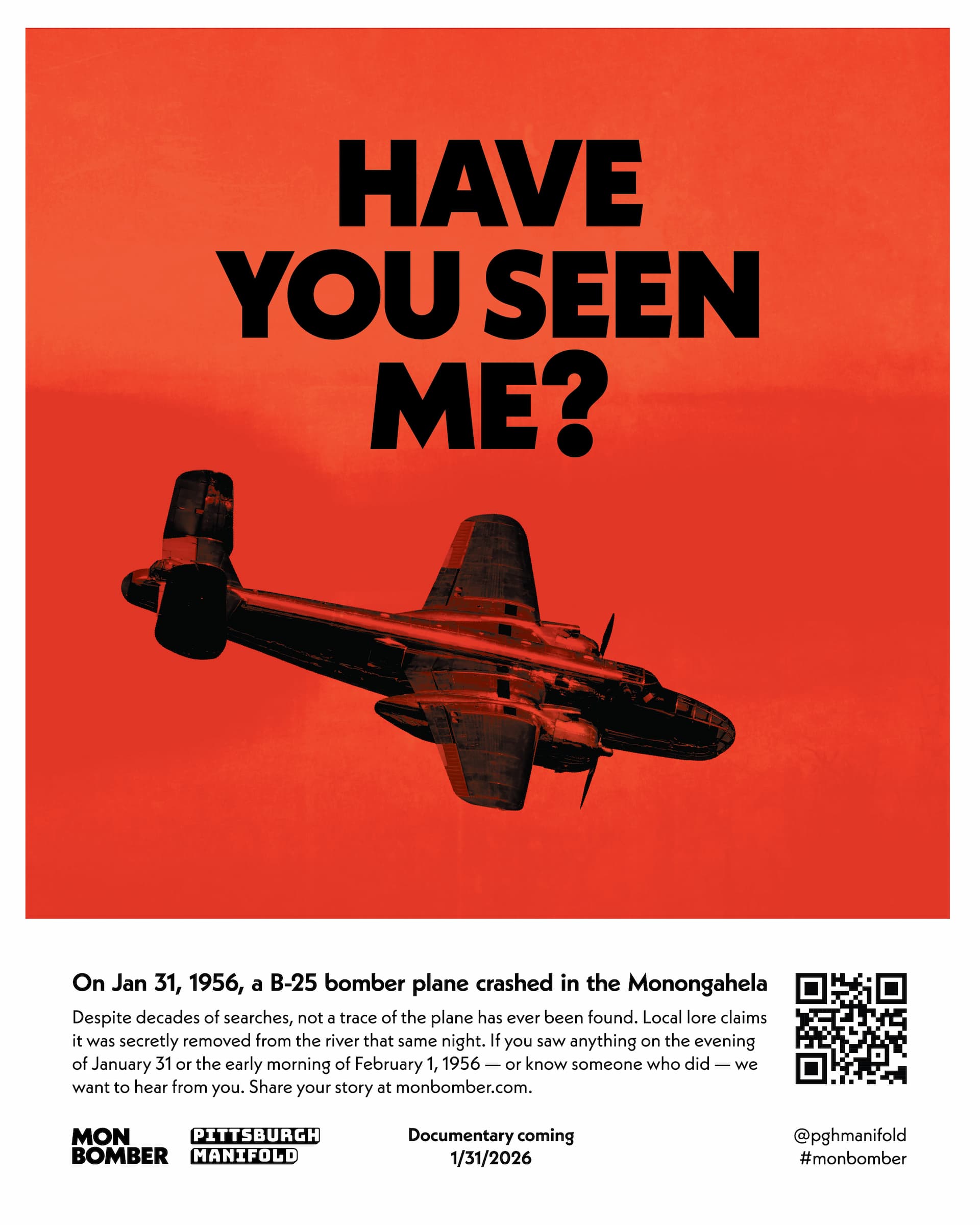 "Have You Seen Me" bomber plane poster with project info