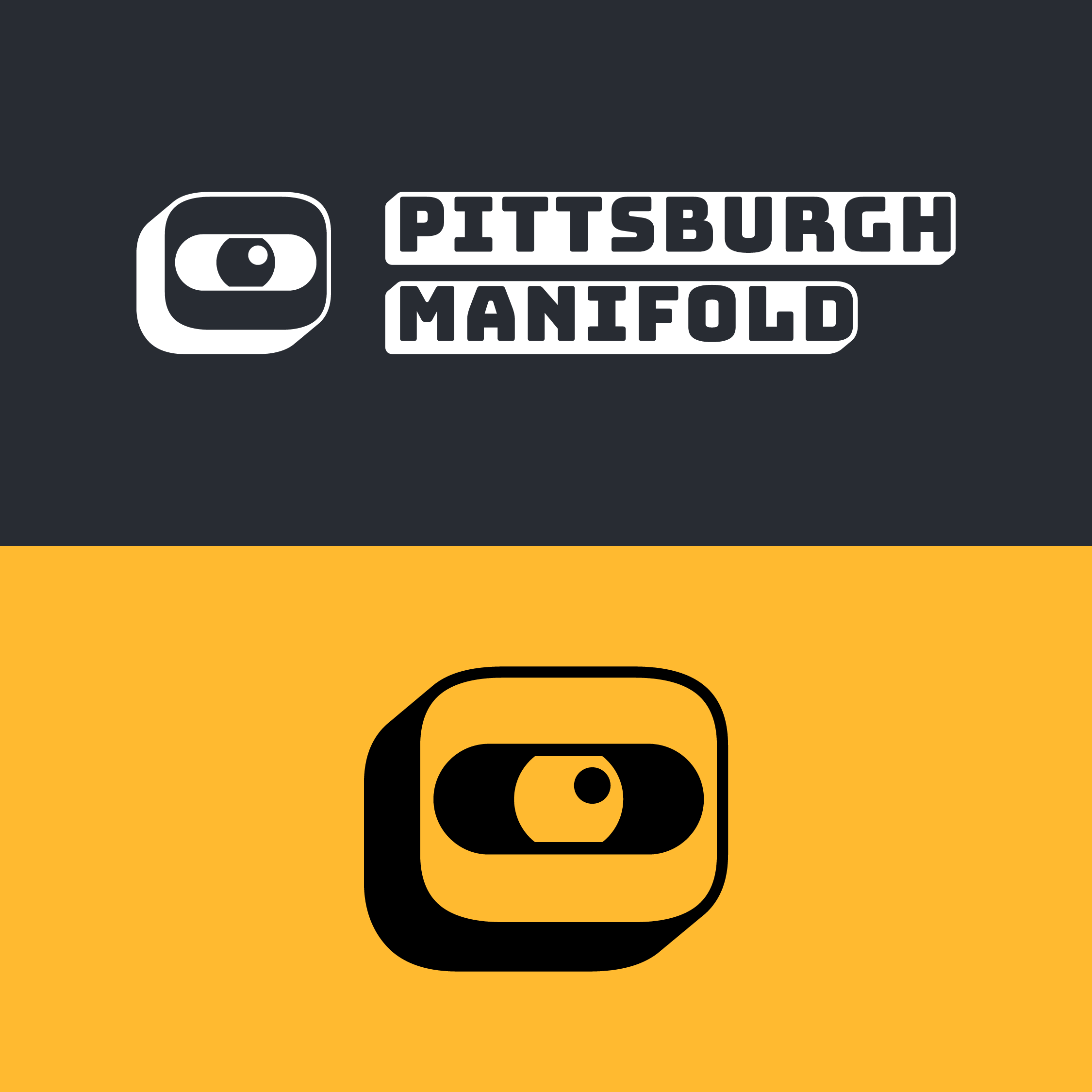 Pittsburgh Manifold watching eye logo and wordmark variants over brand yellow and blue-grey