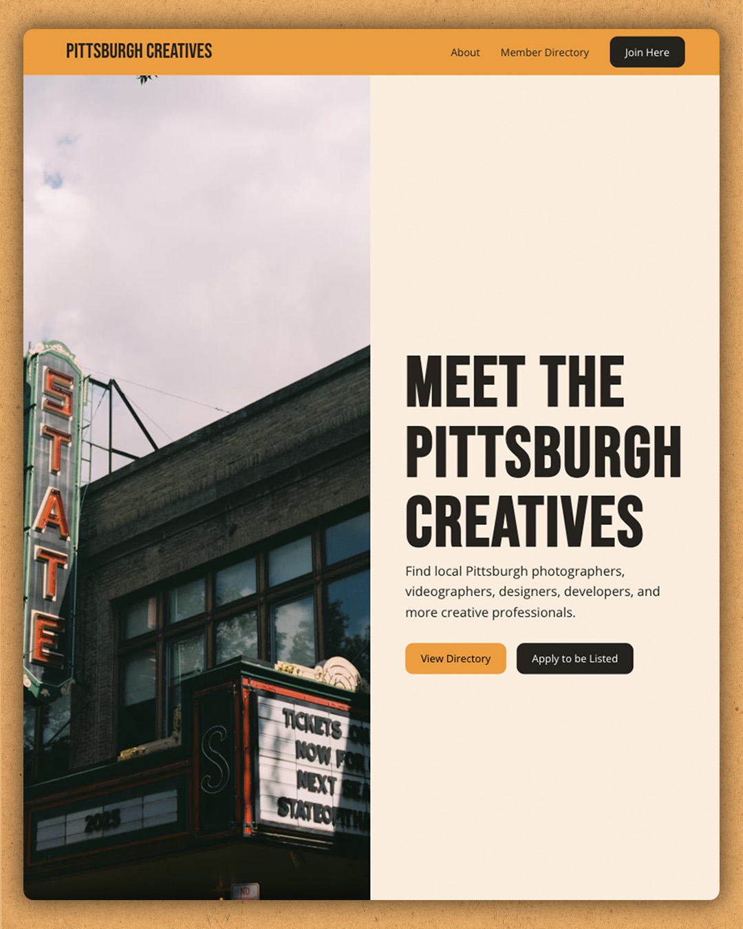 Screenshot of Pittsburgh Creatives homepage, featuring an image of a theater by George Poelcher.