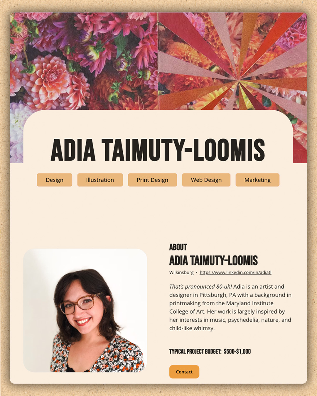 A screenshot of Adia Taimuty-Loomis’ member page on pittsburghcreatives.com
