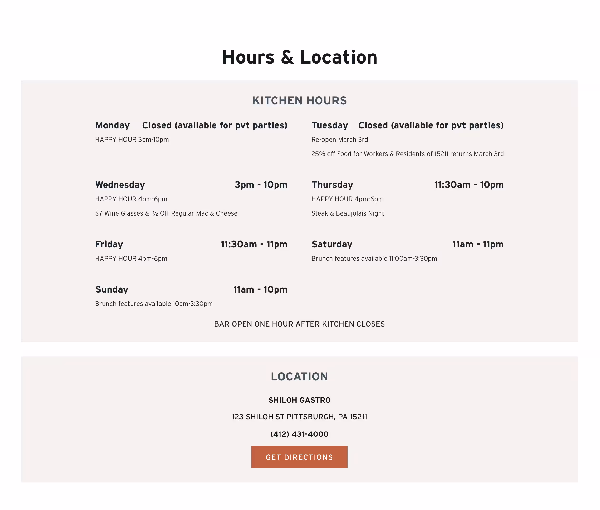 Shiloh Gastro hours and location section