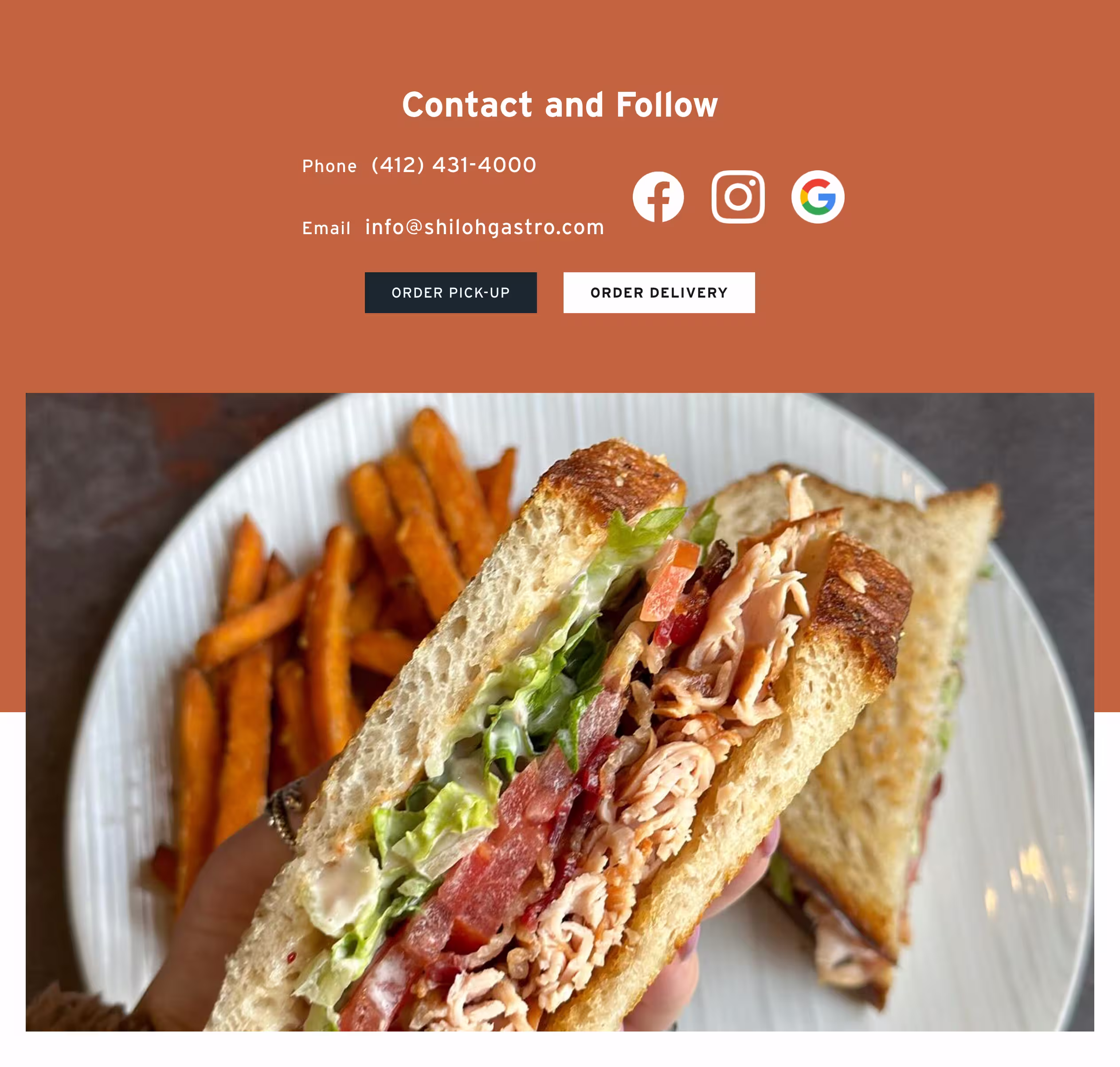 Local restaurant website contact and follow section