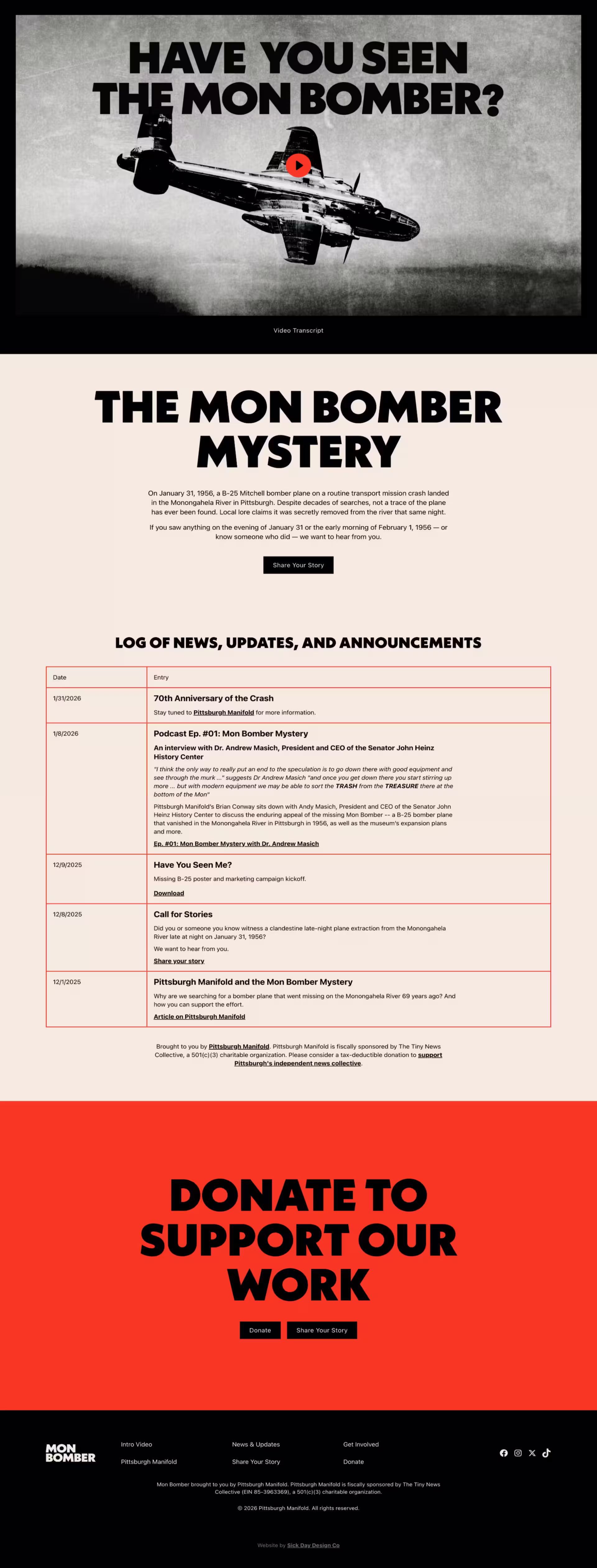 Homepage screenshot of the Mon Bomber Mystery website