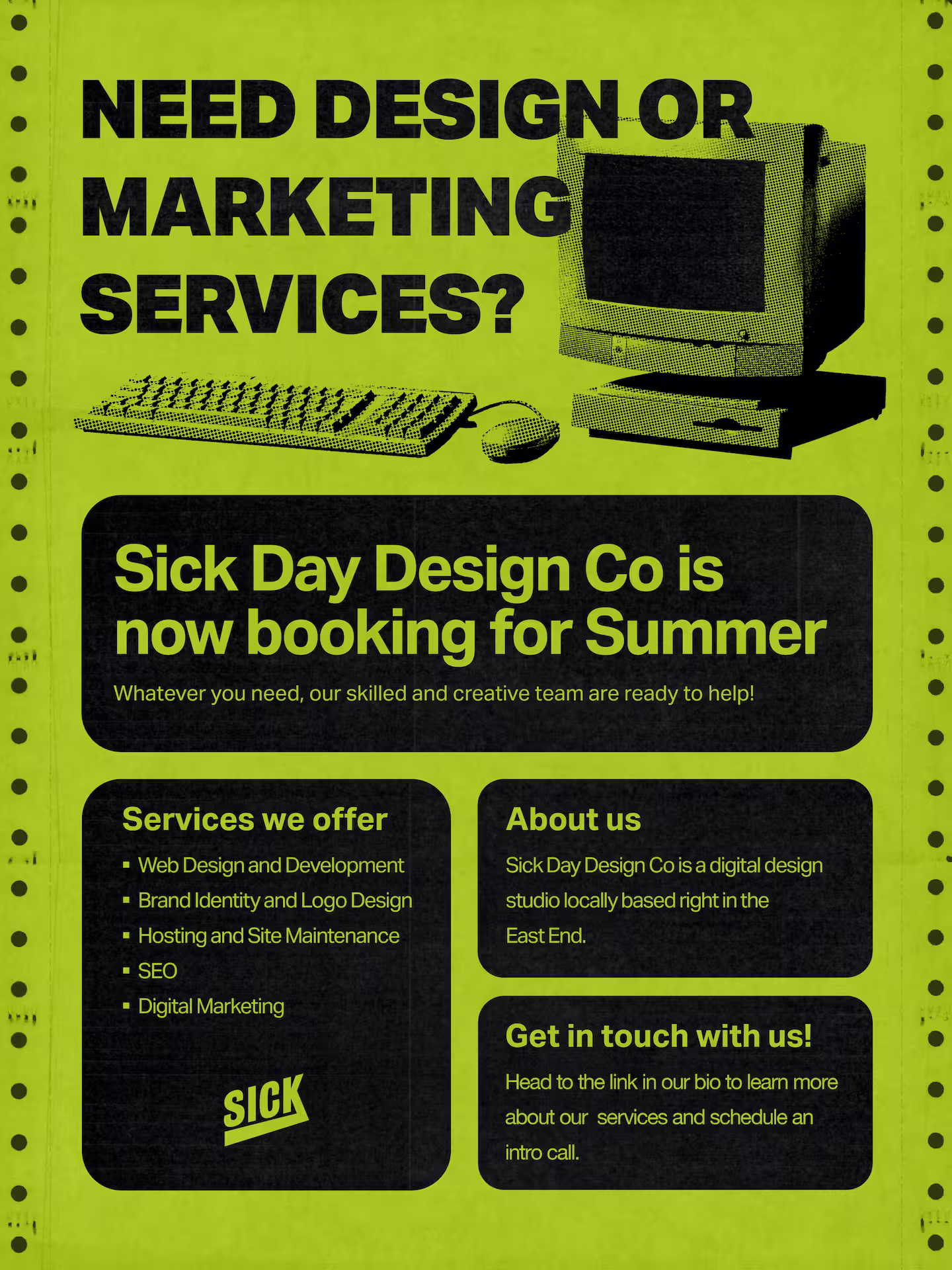 Promotional flyer advertising Sick Day Design's services and availability for Summer 2026.