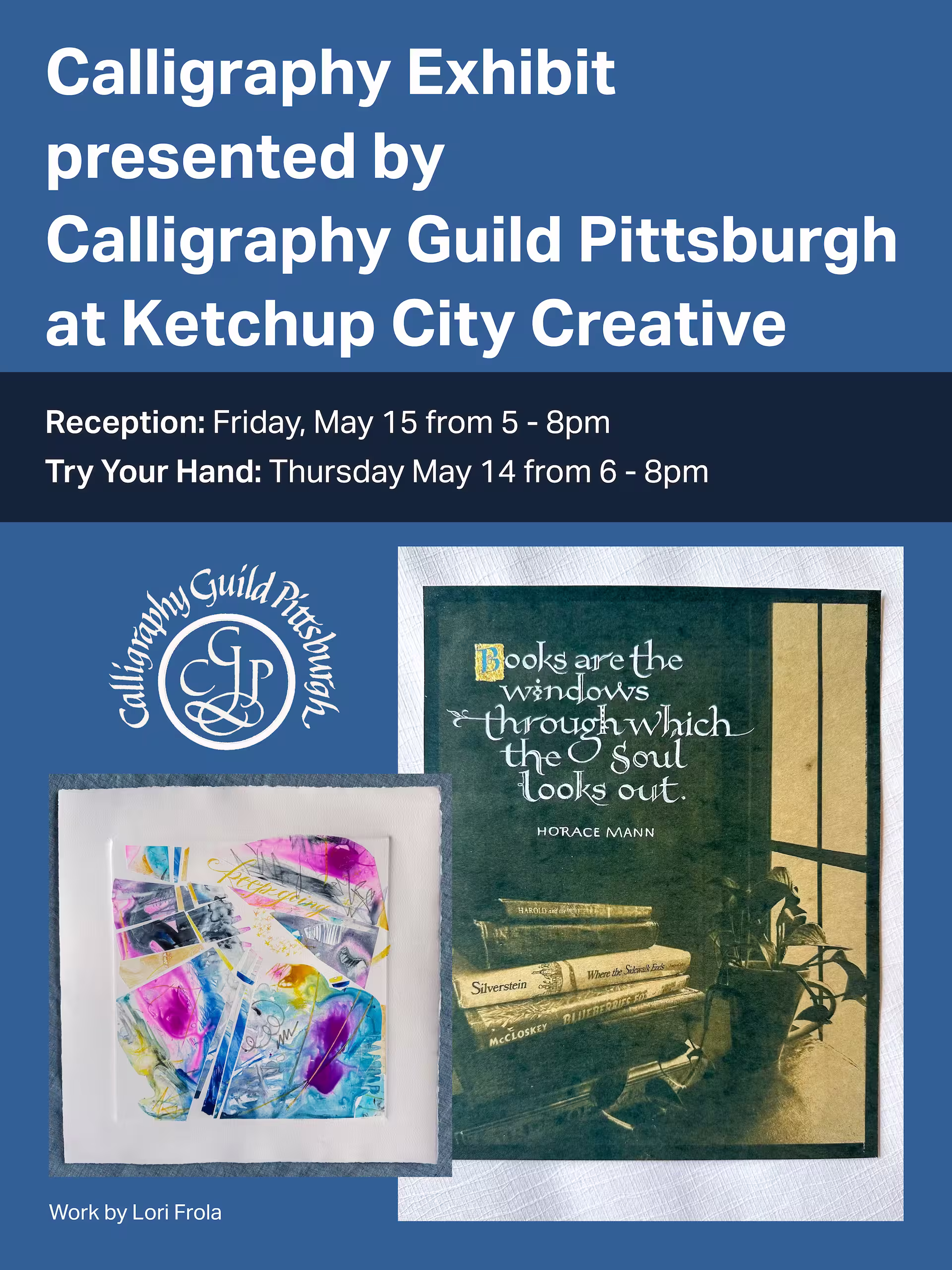 Graphic image promoting the May 2026 Calligraphy Exhibit presented by Calligraphy Pittsburgh at Ketchup City Creative.