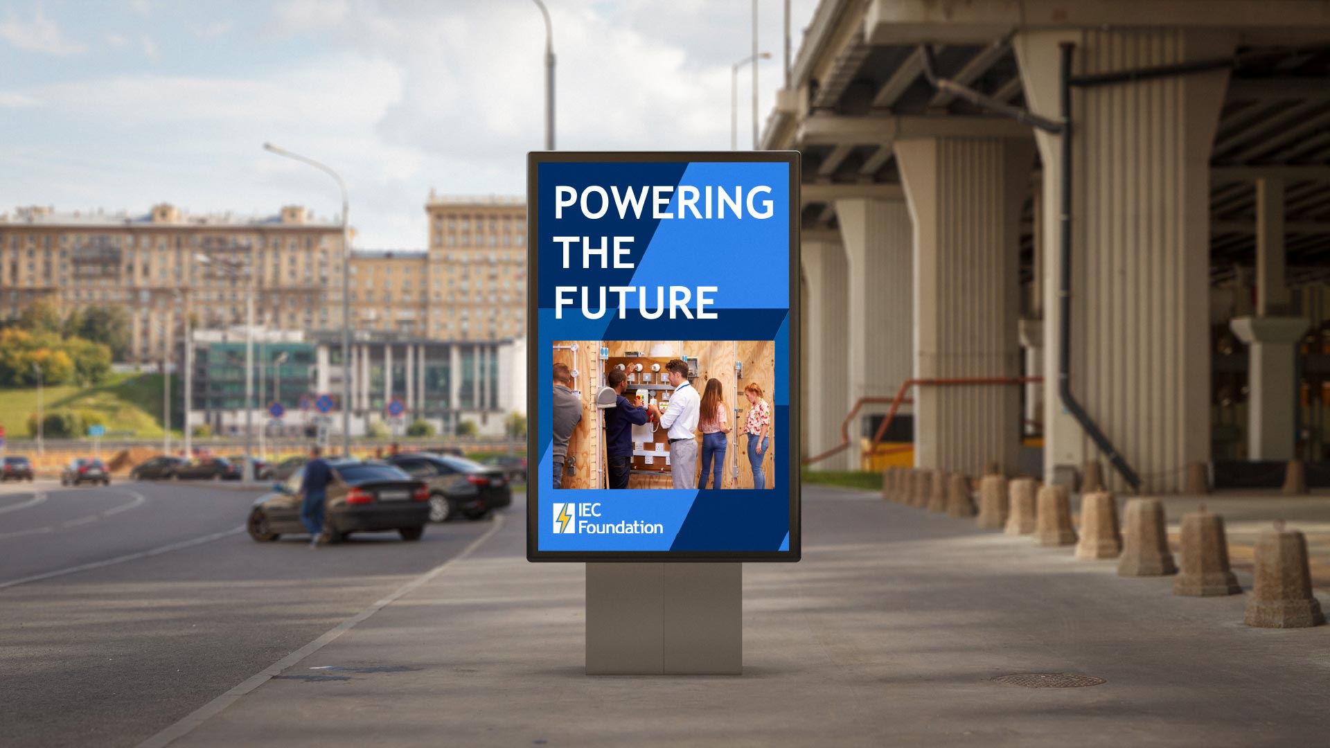 Bus stop advertisement mock up displaying IECF's new visual branding