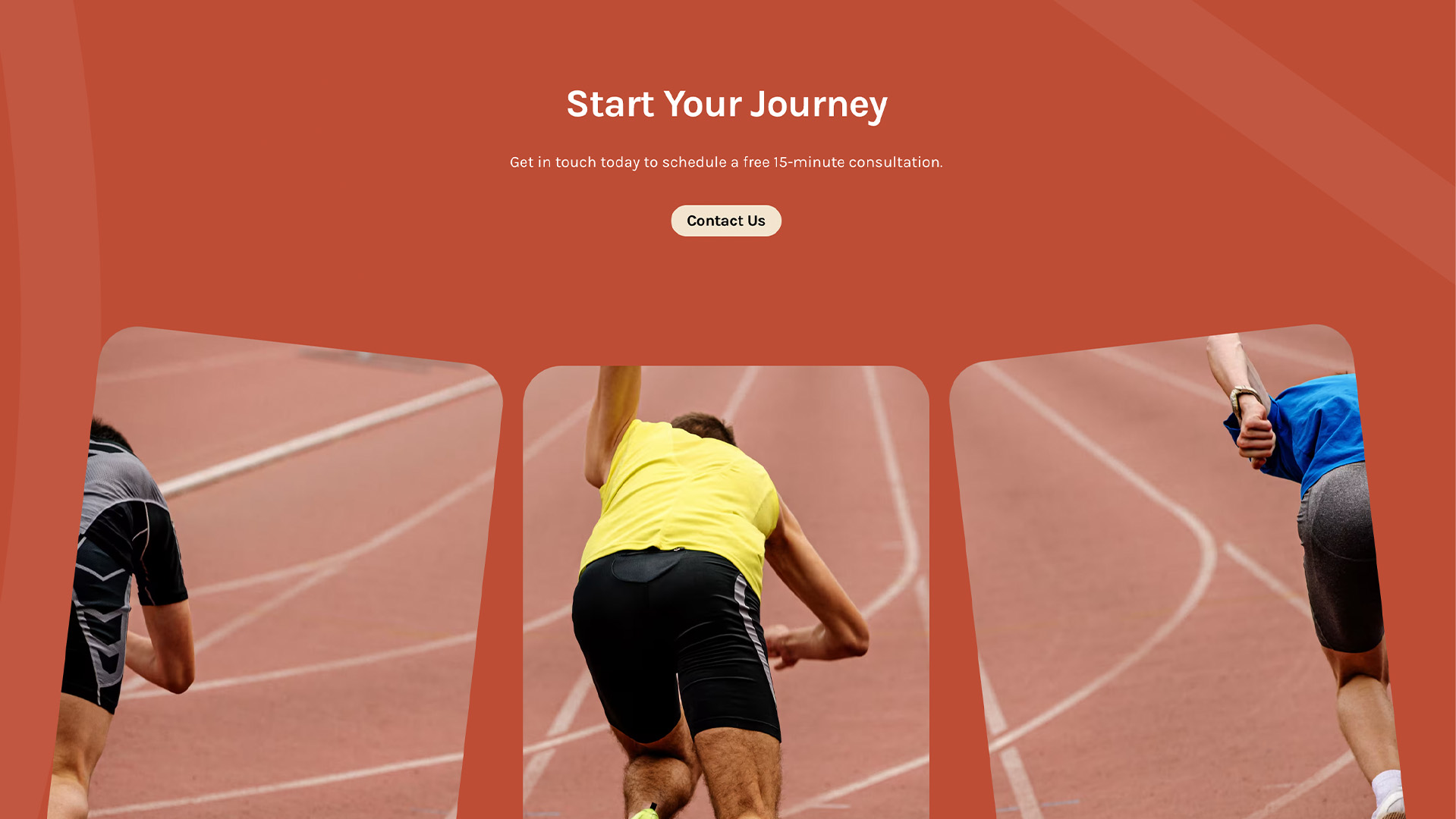 Confluence Mind & Motion website screenshot "Start Your Journey" section showing racers taking off from the blocks on orange track