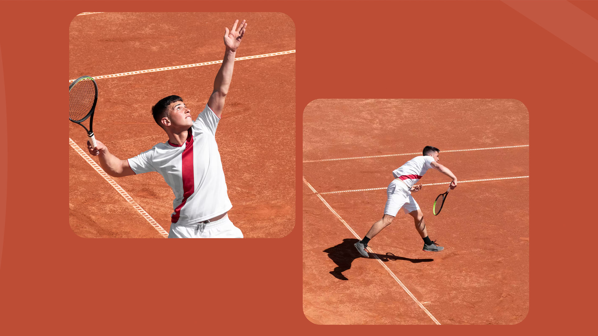 Tennis player focused on the moment then finishing a point with a definitive overhand shot
