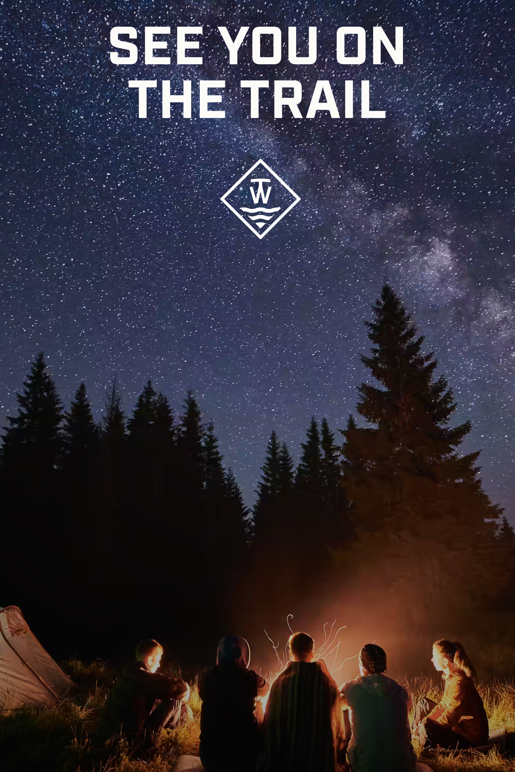 Screenshot of Trailwater website by Sick Day Design Co "See you on the trail" emblazoned over friends camping under starry sky