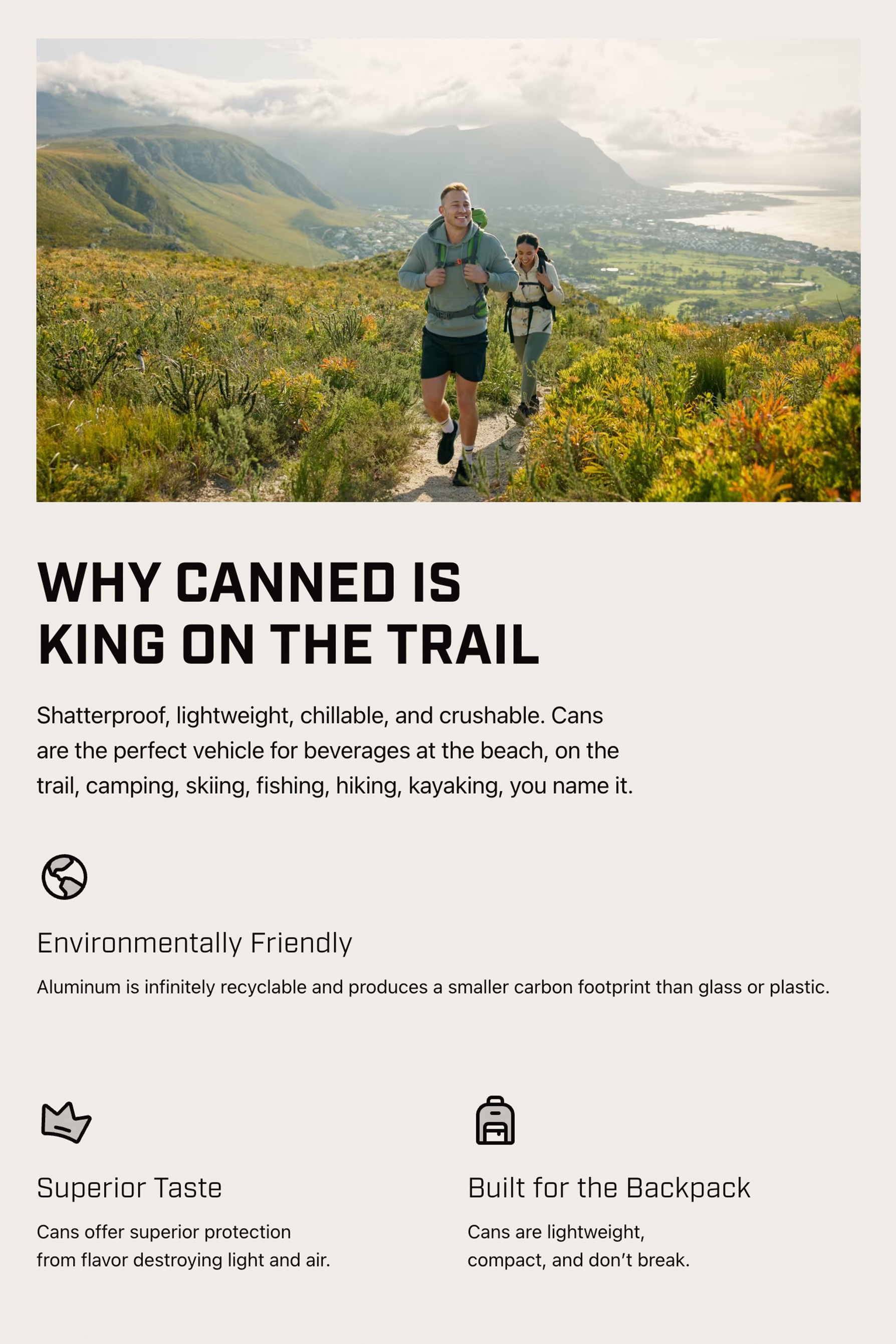 Screenshot of Trailwater website by Sick Day Design Co describing why cans are best for the outdoors and hiking