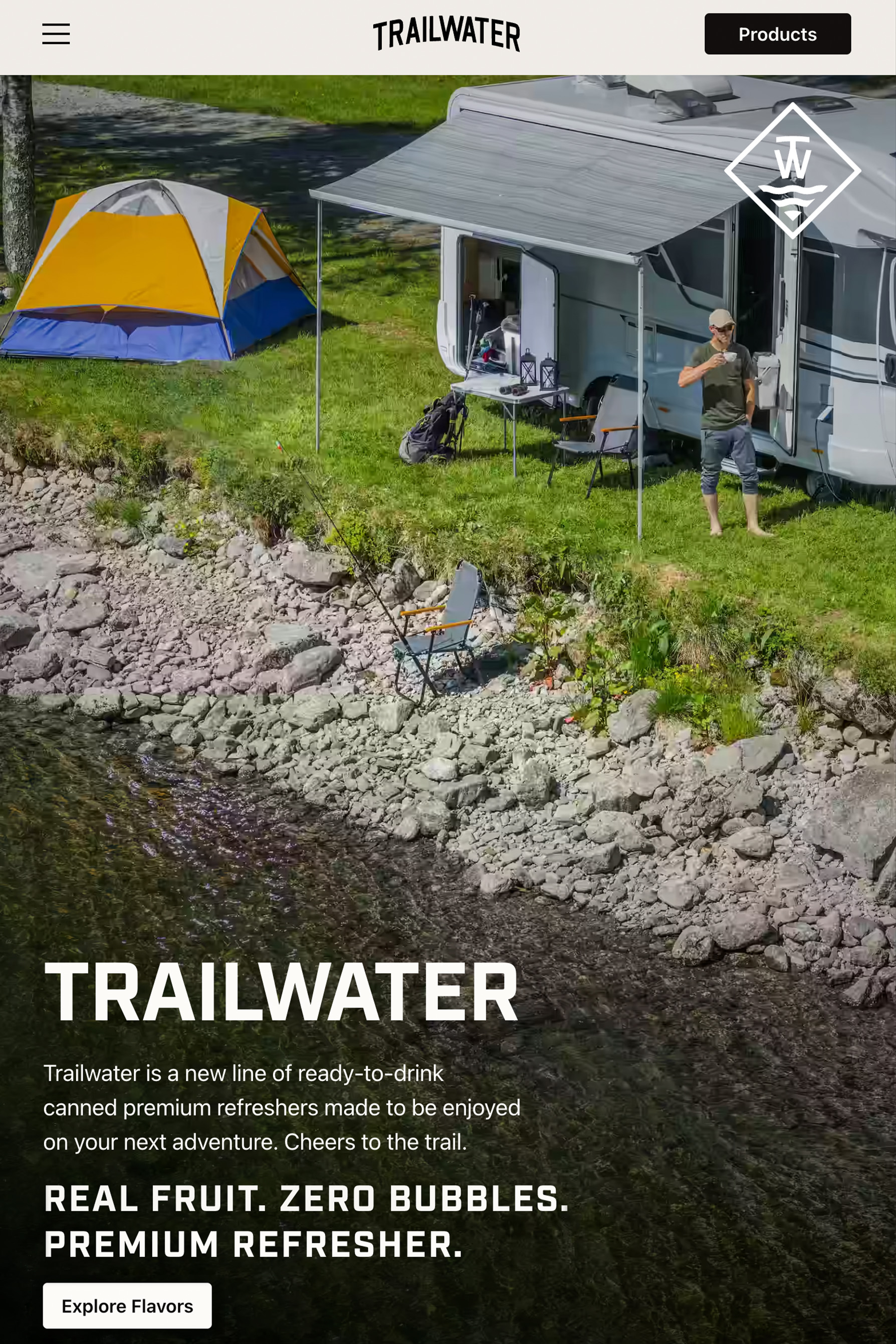 Screenshot of Trailwater website by Sick Day Design Co including man camping near beautiful river