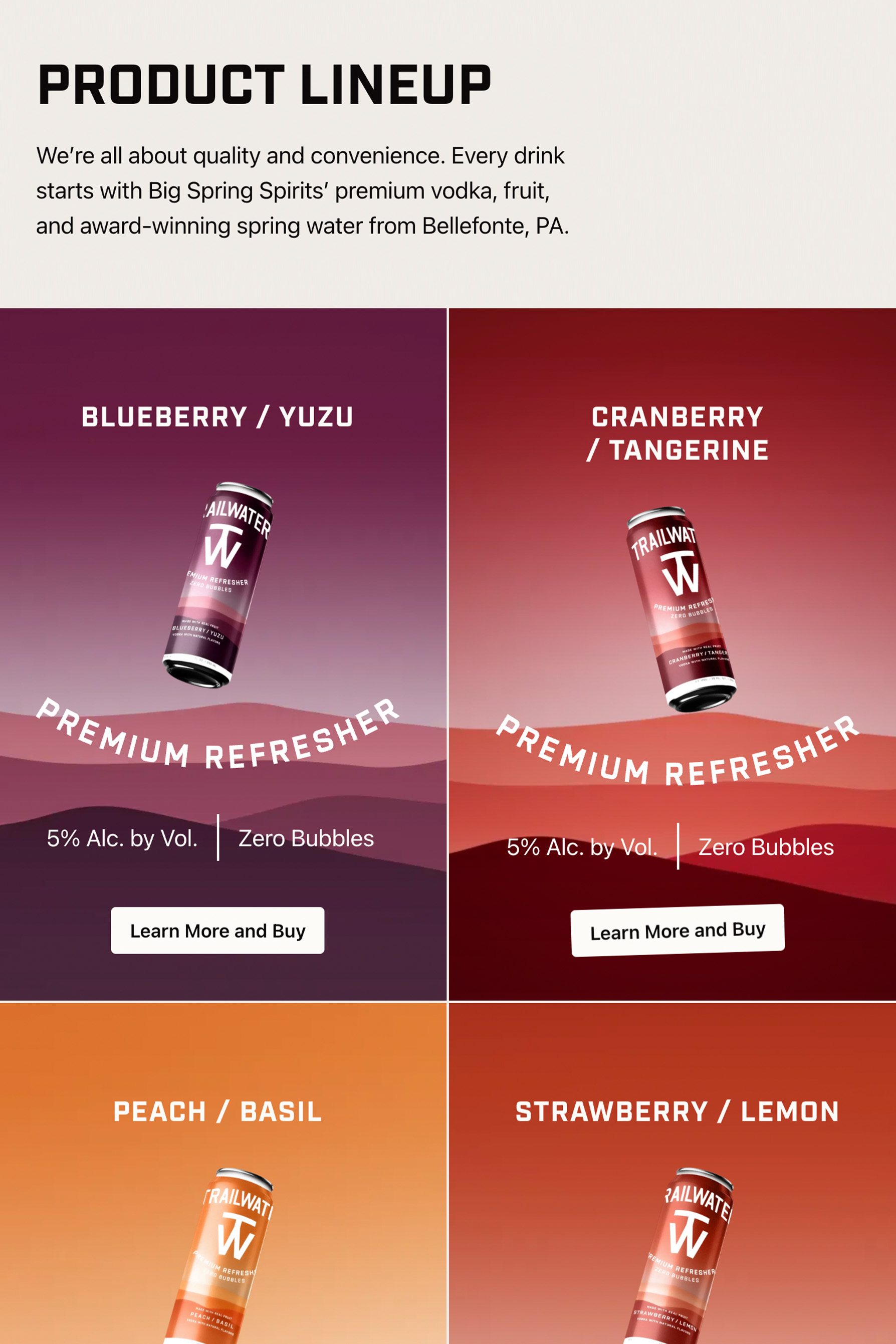 Screenshot of Trailwater website by Sick Day Design depicting product lineup of colorful cans