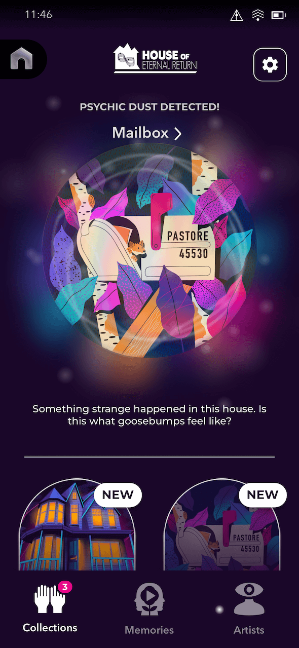 a screenshot of a phone with the Meow Wolf app and a mailbox 