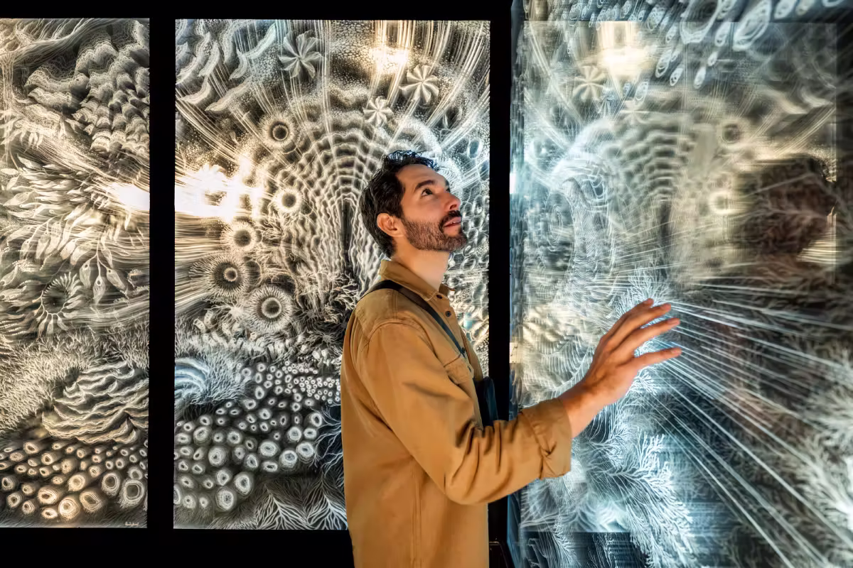 Person looking at a reflected, trippy black and white wall of art.