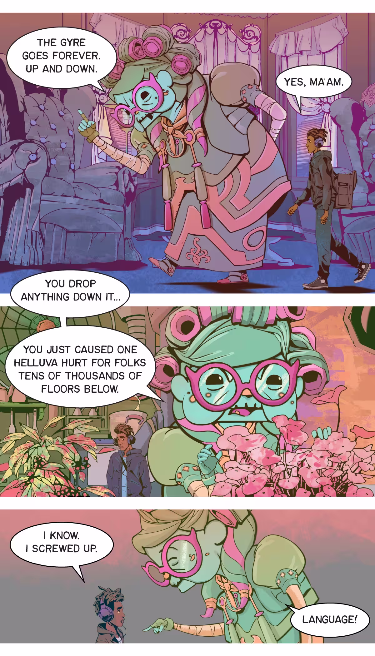 The alien creature lectures the radio dj while walking through the apartment and outside to a garden.