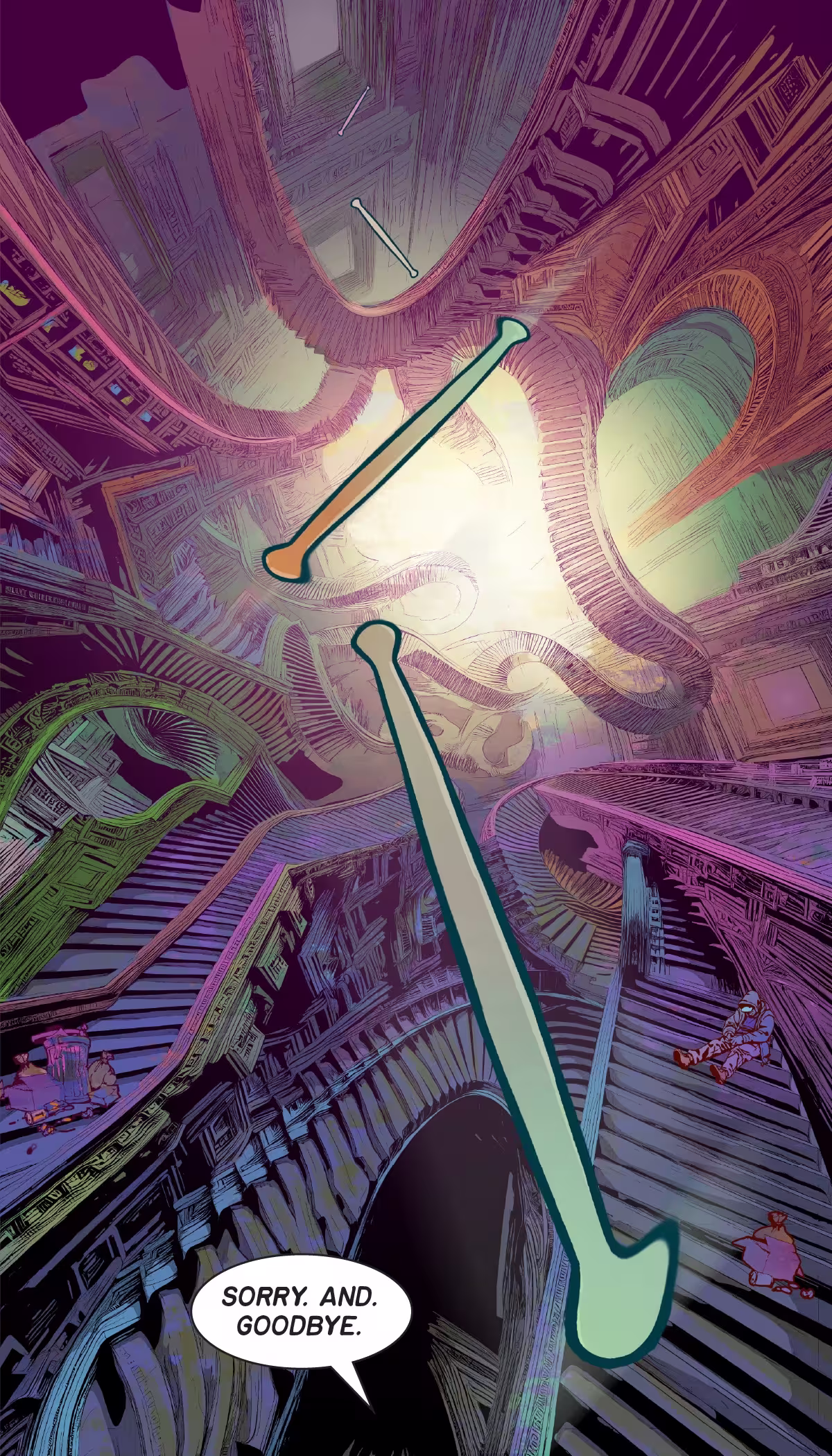 Drumsticks are falling down a maze of staircases in a post-apocalyptic industrialized cityscape.