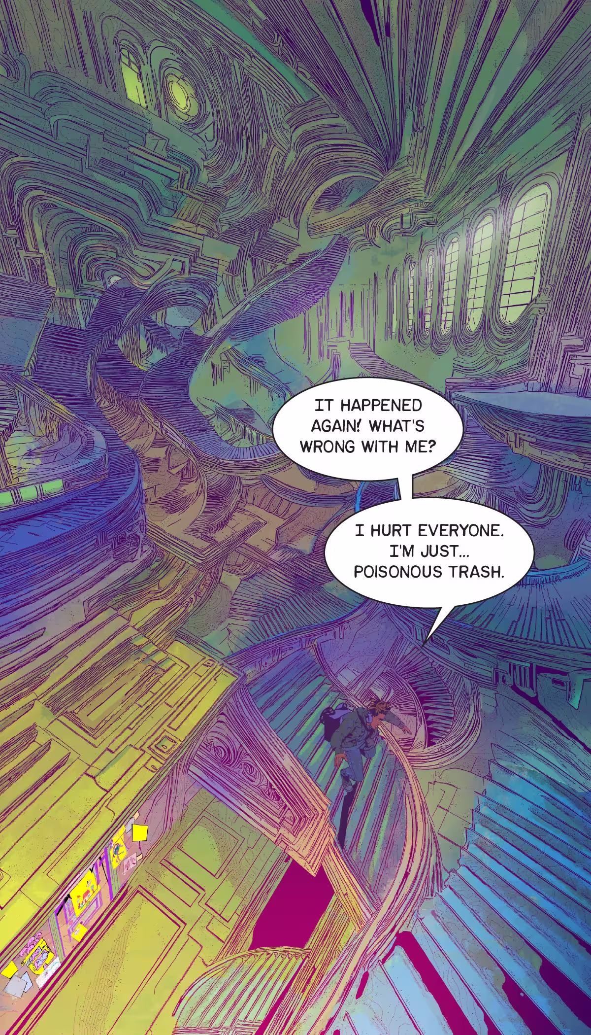 The radio dj continues walking through the maze of staircases which are now multi-colored.
