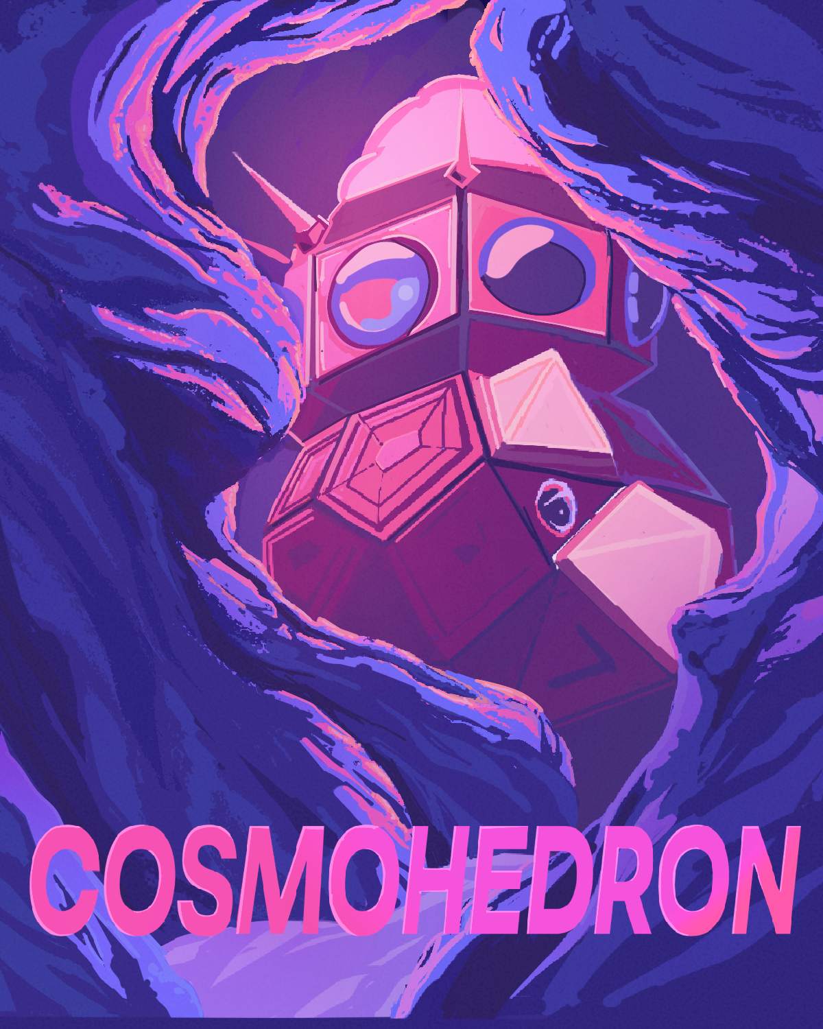 An illustration of a pink multisided building with caves in front of it.