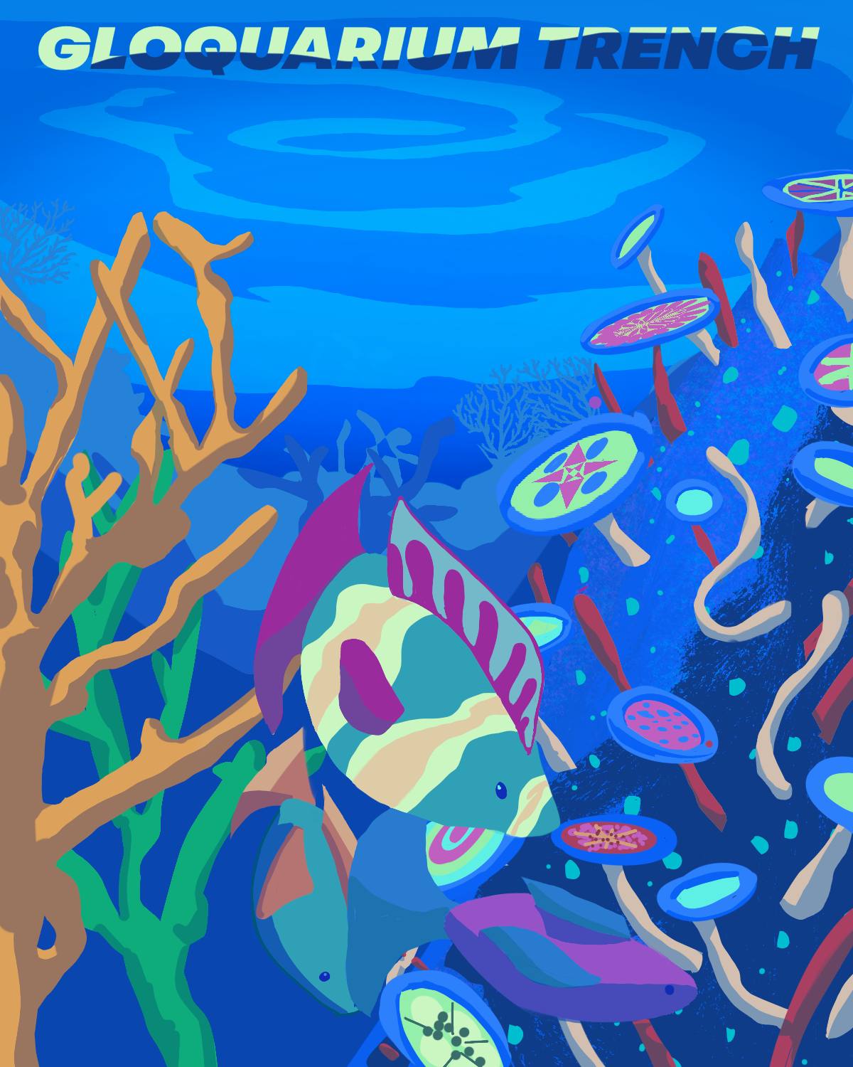 An illustration of an ocean with fish and coral.