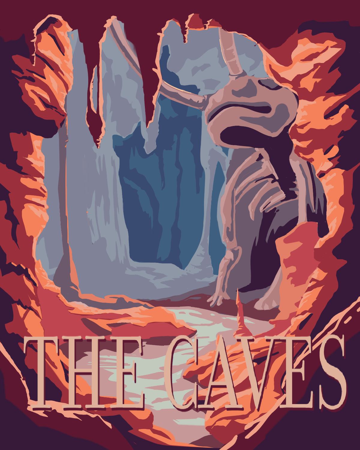 An illustration of a mammoth skeleton in the distance of some caves.