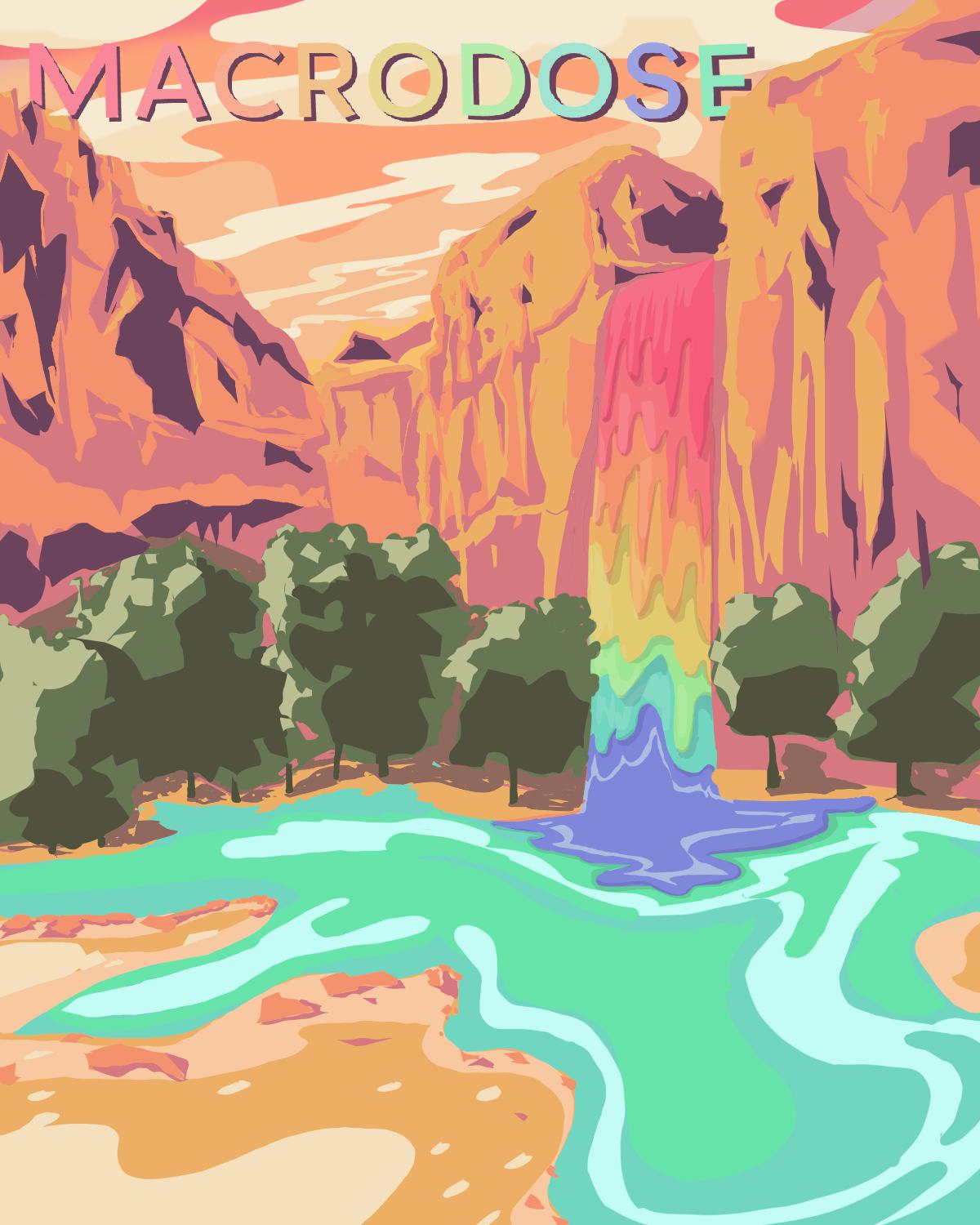 An illustration of a waterfall of rainbow liquid in a valley.