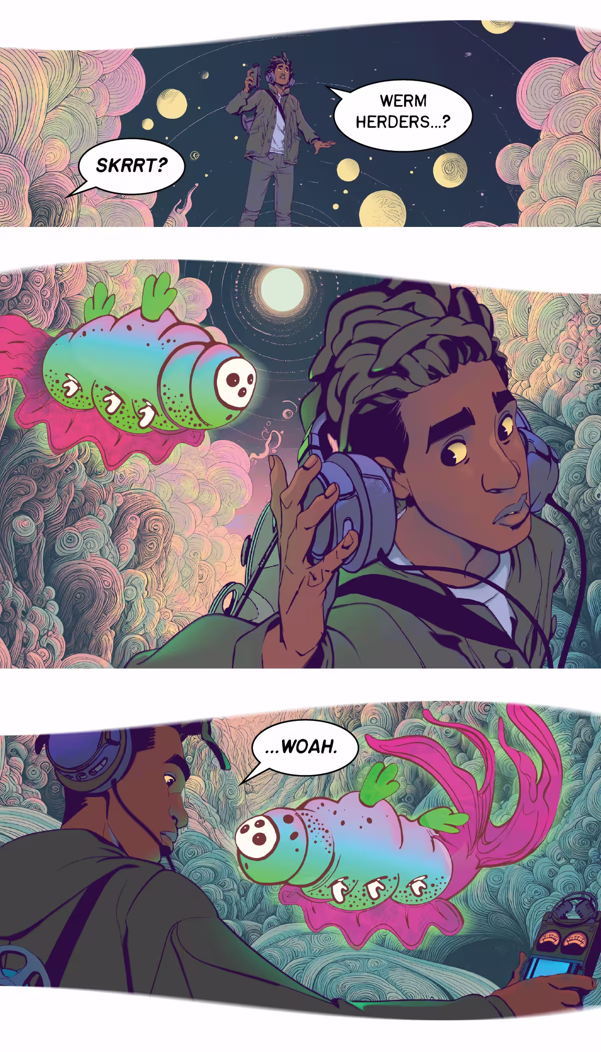 A flying fish gloworm creature approaches the radio producer. 