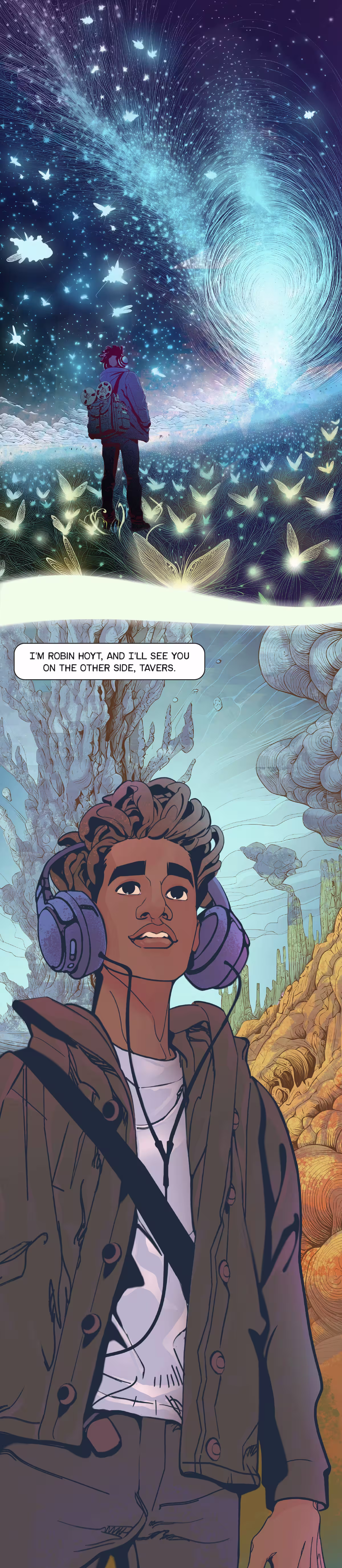 The radio producer walks toward the portal, preparing to step through. 