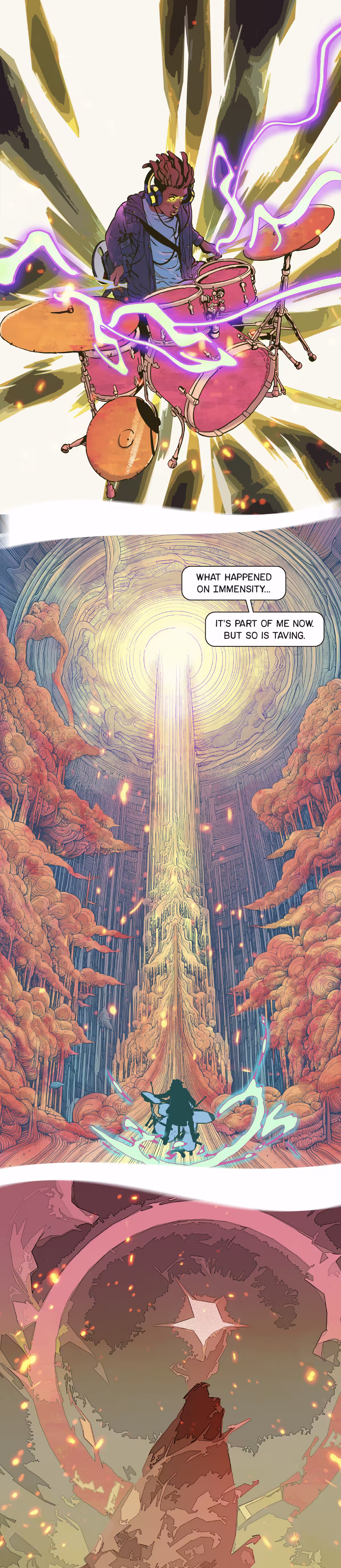 A portal bursts out strong and tall from the drumset. 