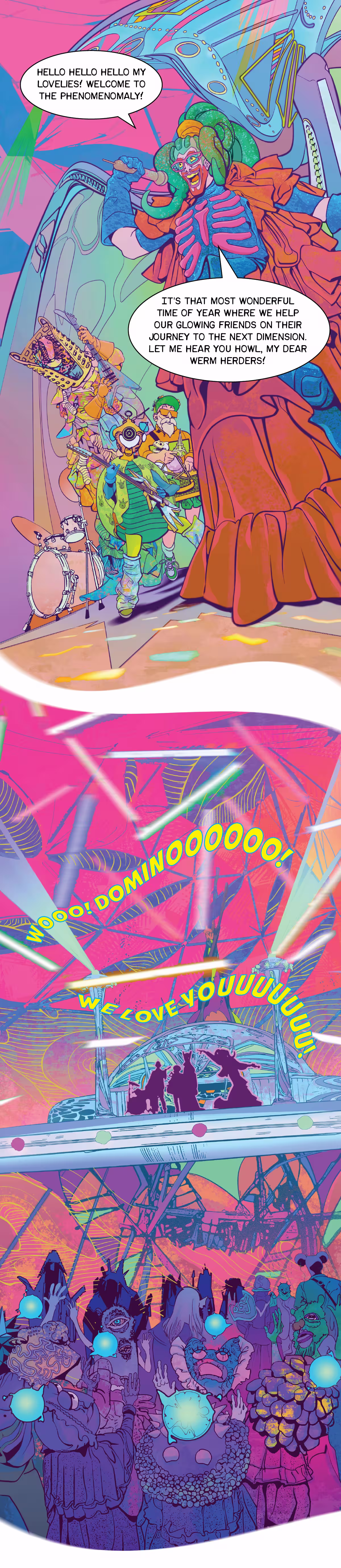 The person in the colorful suit stands on the stage and announced the start of the party, called phenomenomaly. 