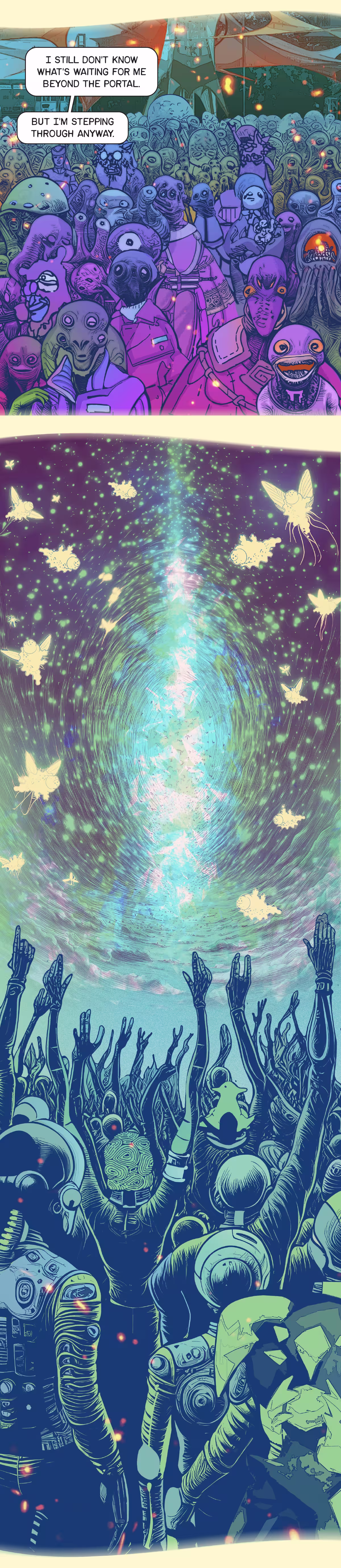 The audience looks up at the portal and raises their arms. 