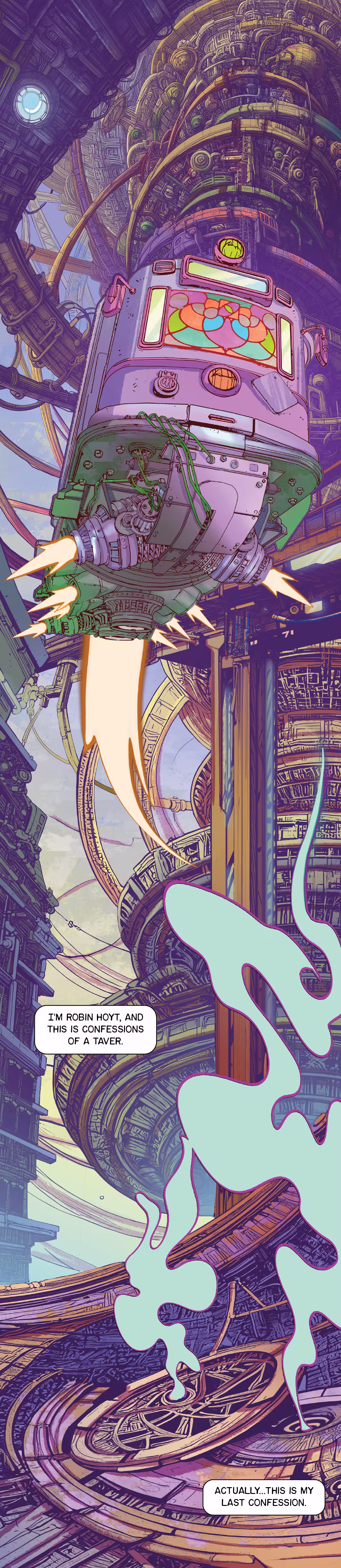 A flying train is lifting off from a big, futuristic spiraling building.
