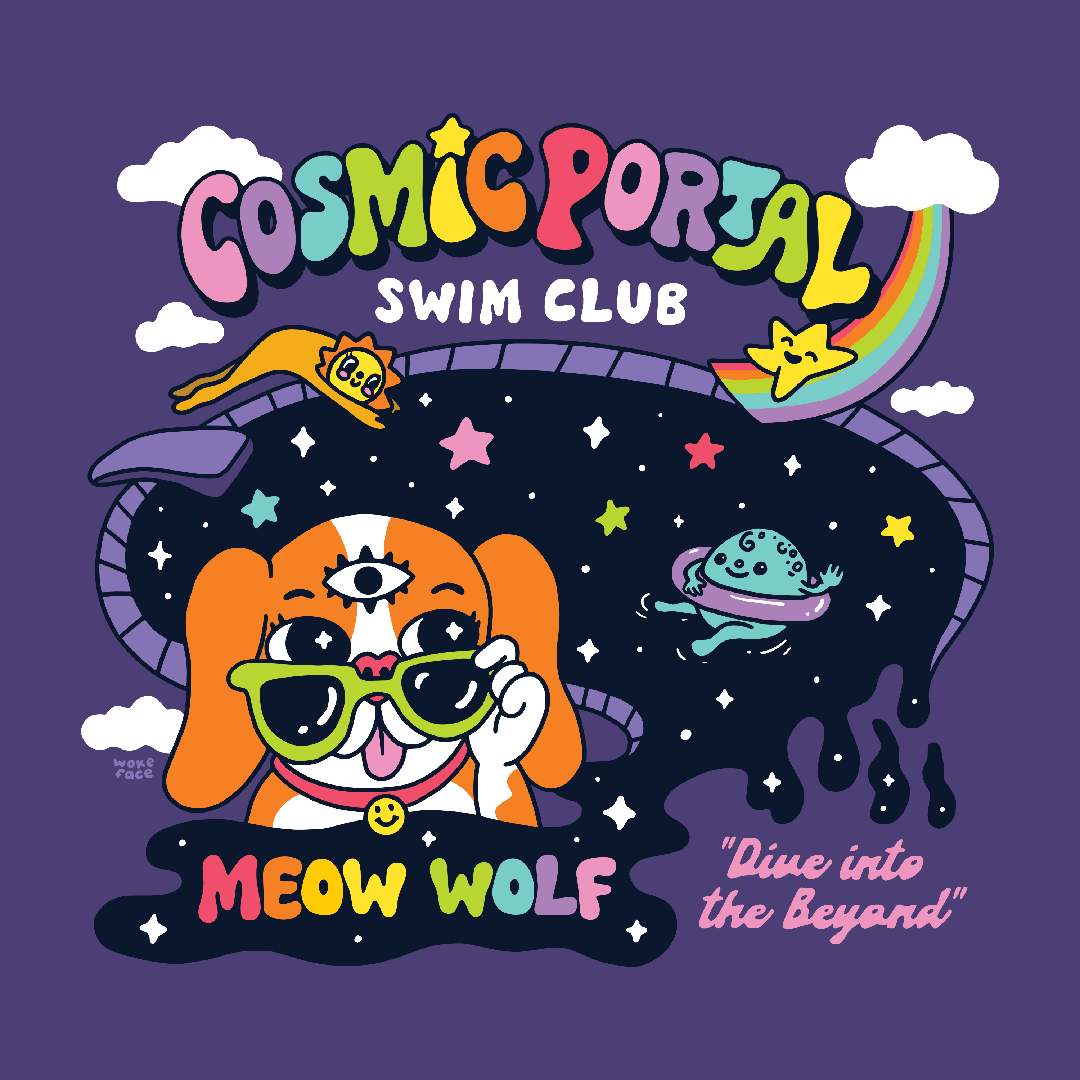 A purple image with drawings of a puppy wearing sunglasses and a starry sky.