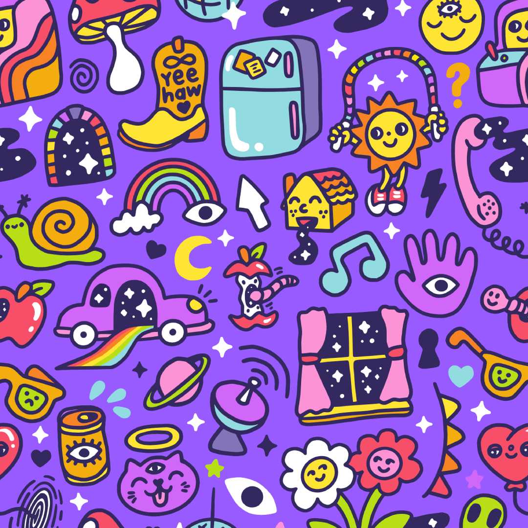 A set of drawings with various beings and objects in bright colors on a purple background.
