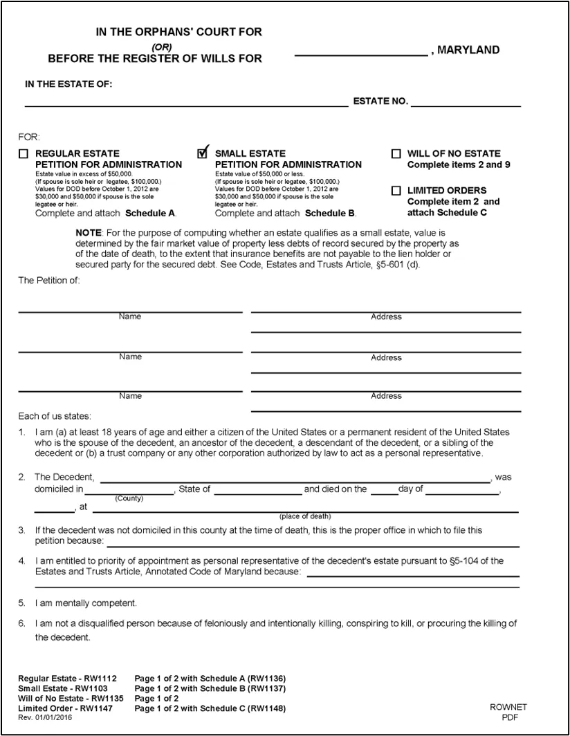 Figure 4 - Form RW1103: Petition for Administration of a Small Estate
