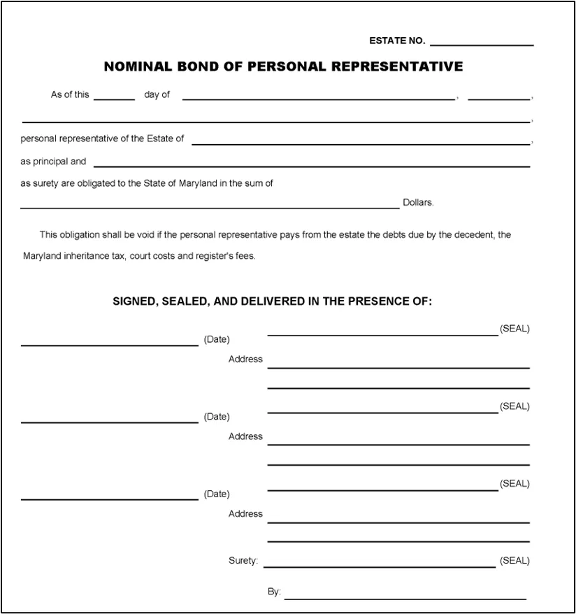 Figure 10 - Form RW1116: Nominal Bond of Personal Representative