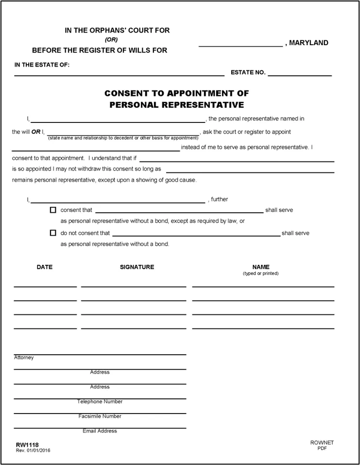 Figure 11 - Form RW1118: Consent to Appointment of PR