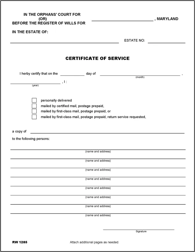 Figure 14 – Form RW1285: Certificate of Service