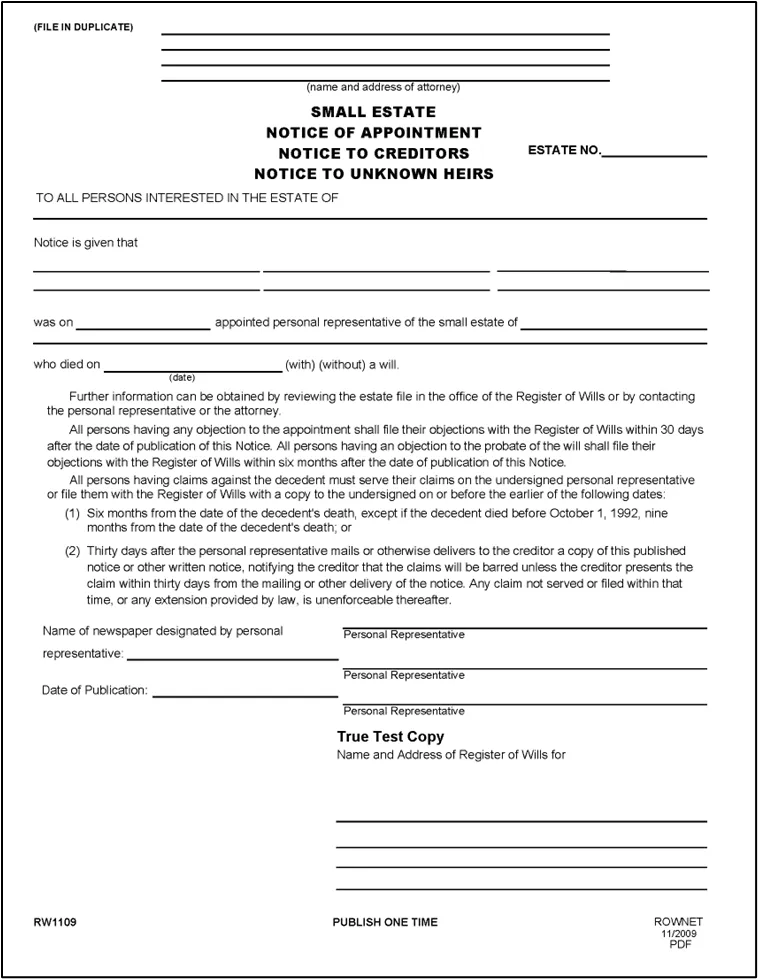 Figure 15 - Form RW1109: Notice of Appointment (Small Estate)