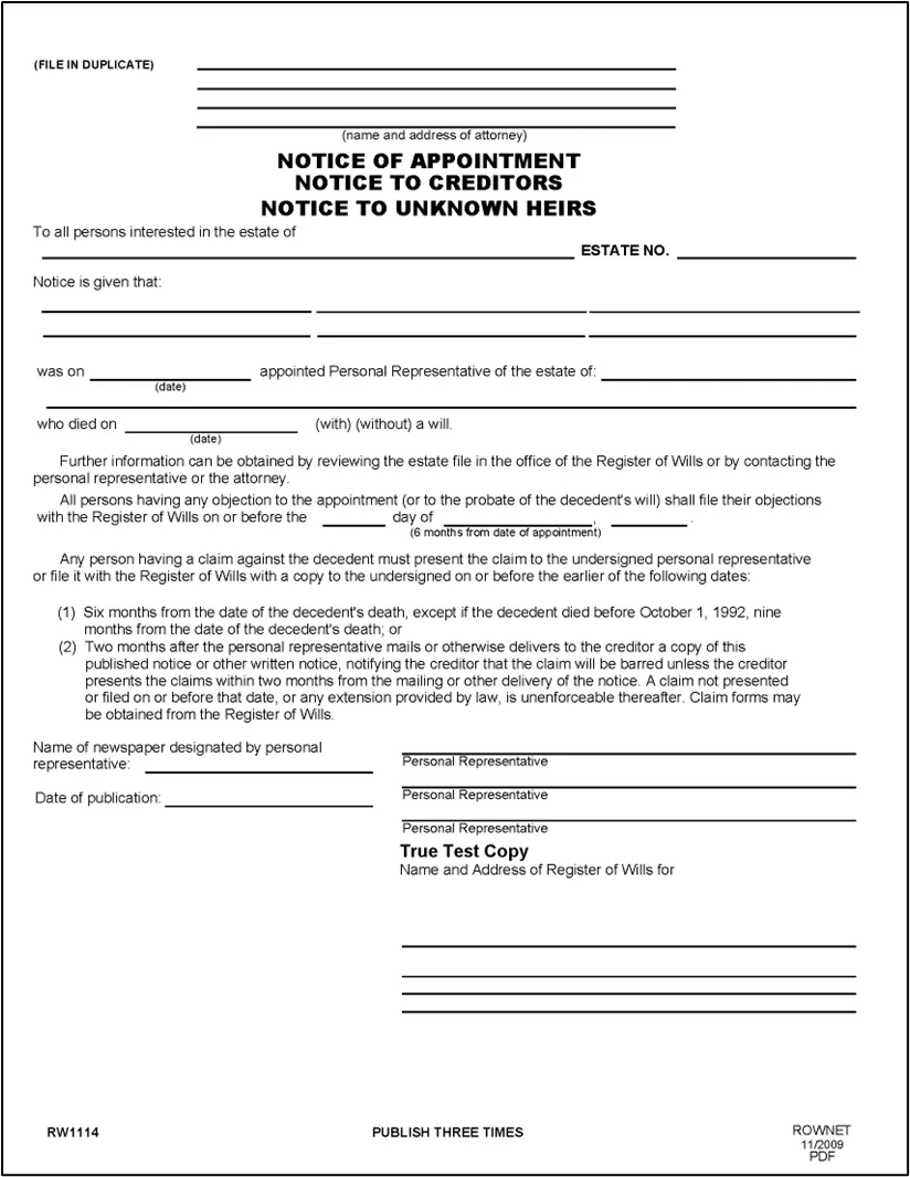 Figure 16 - Form RW1114: Notice of Appointment (Regular Estate)