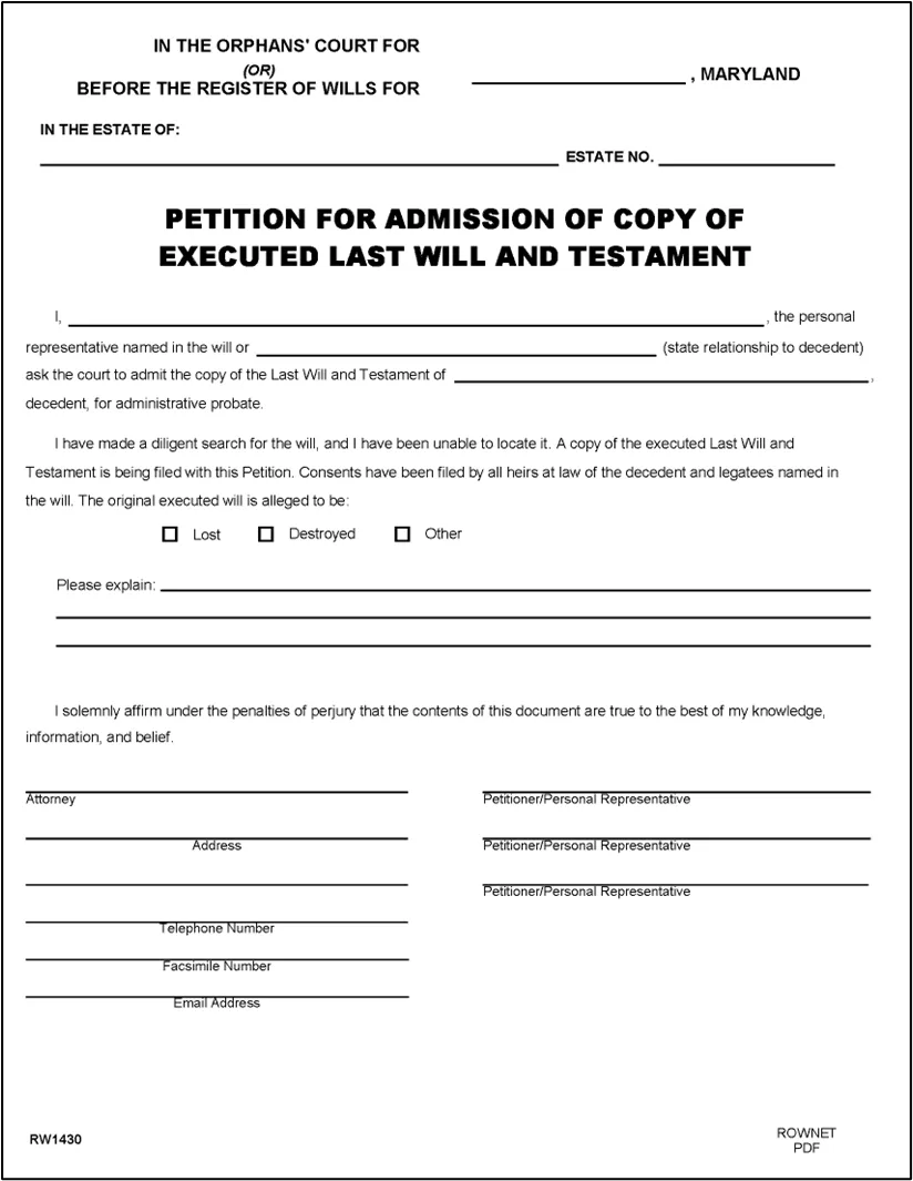 Figure 18 - Form RW1430: Petition for Admission of Copy [Will]