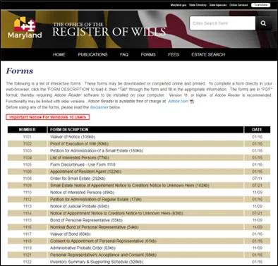 Figure 19 - Forms List from the Office of the Register of Wills