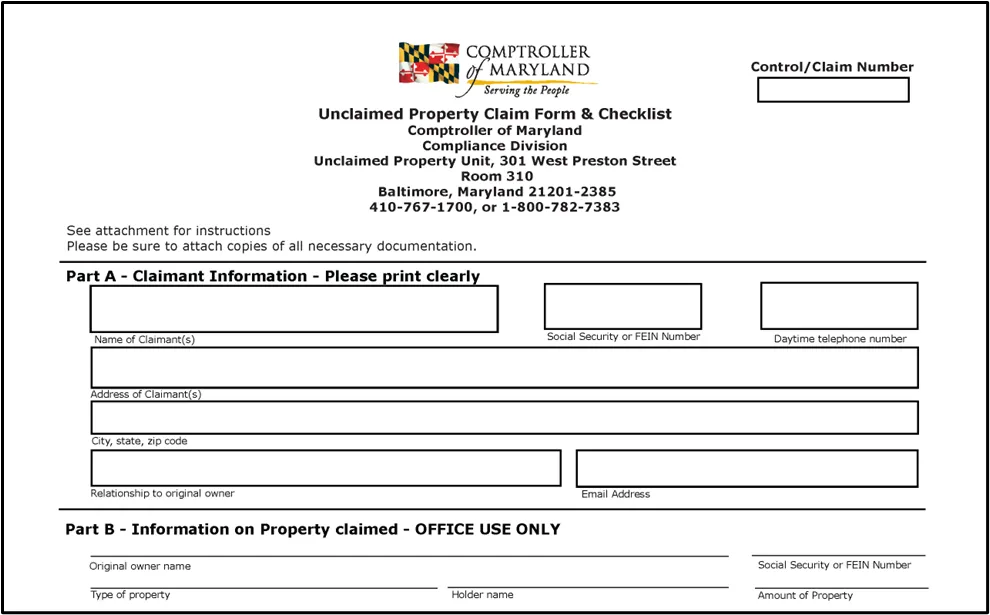 Figure 22 - Comptroller of Maryland - Unclaimed Property Claim Form