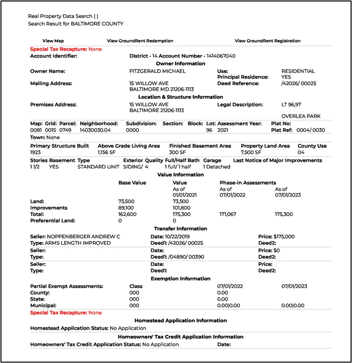 Figure 25 - Sample Maryland Real Property Data Sheet