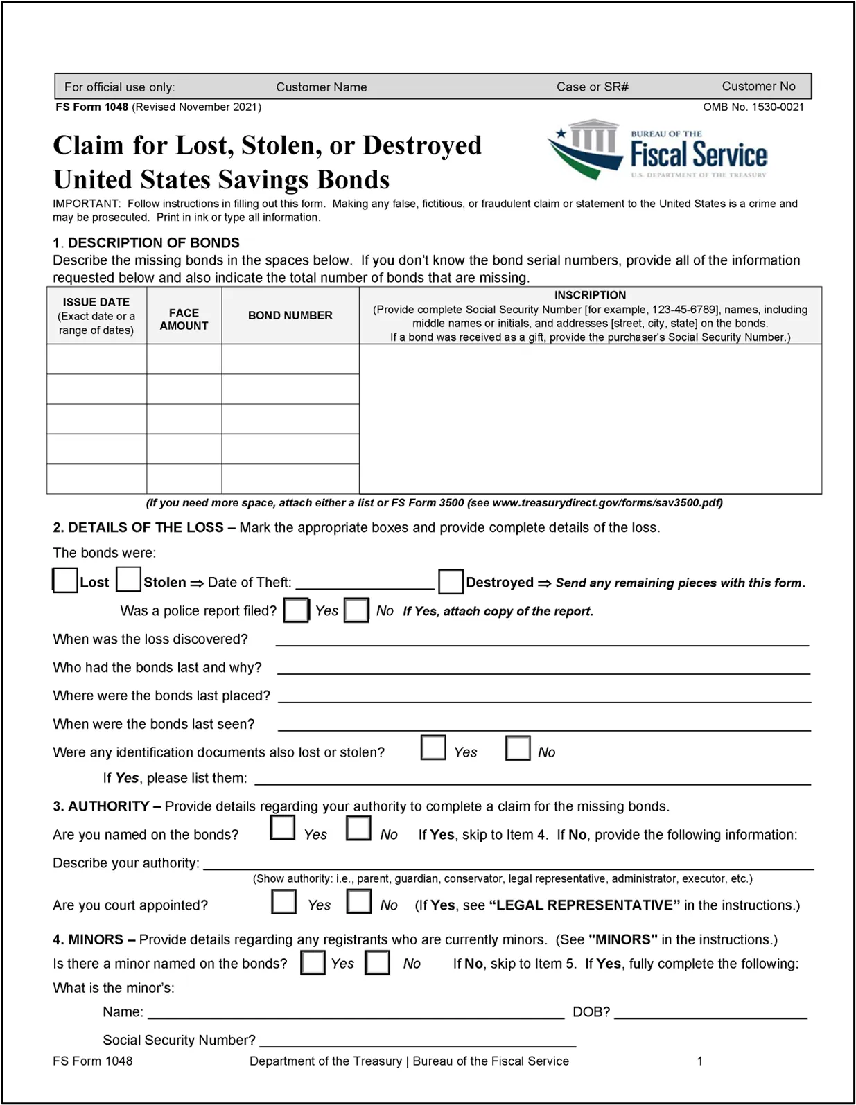 Figure 26 - Bureau of the Fiscal Service Claim for Savings Bonds