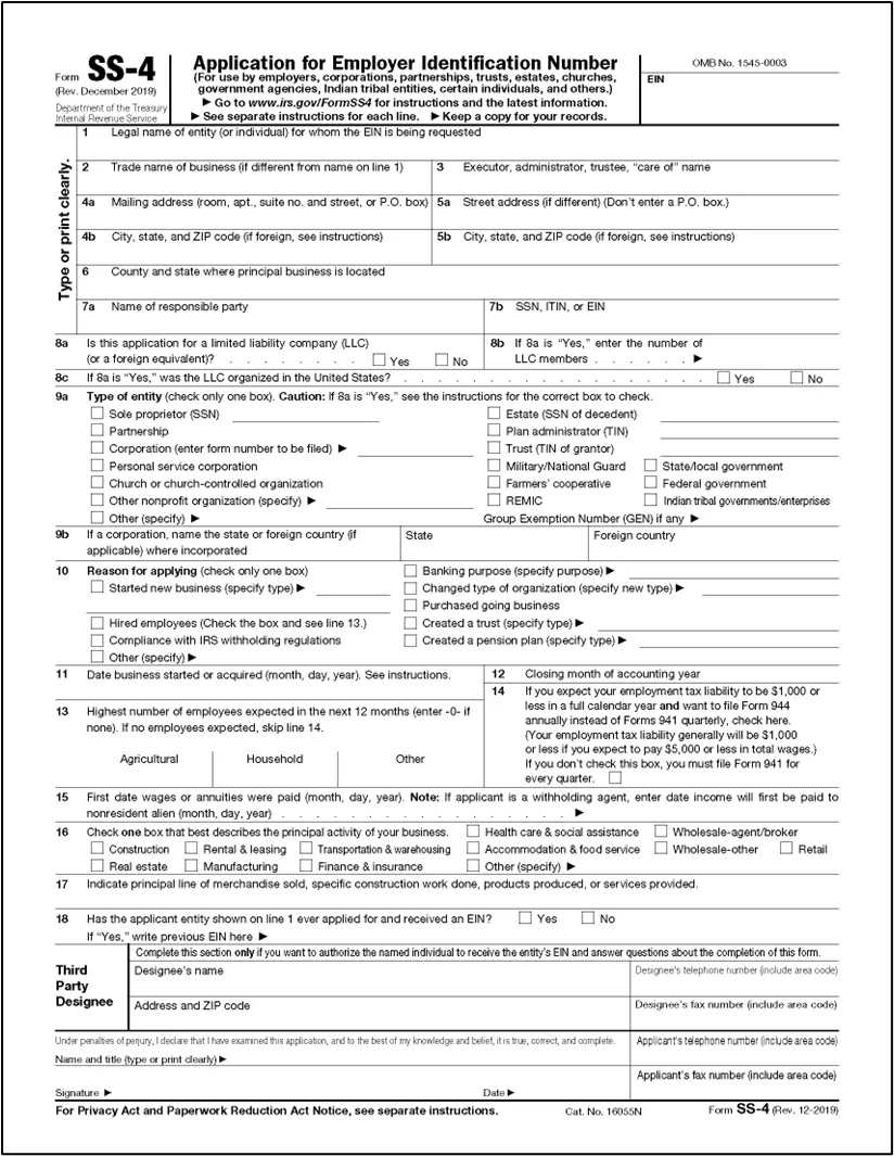 Figure 35 - Form IRS SS-4: Application for Employer Identification Number