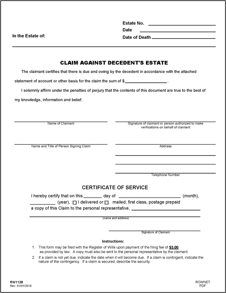 Figure 39 - Form RW1128: Claim Against Decedent's Estate