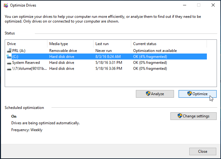 The optimize drives window on a Windows computer